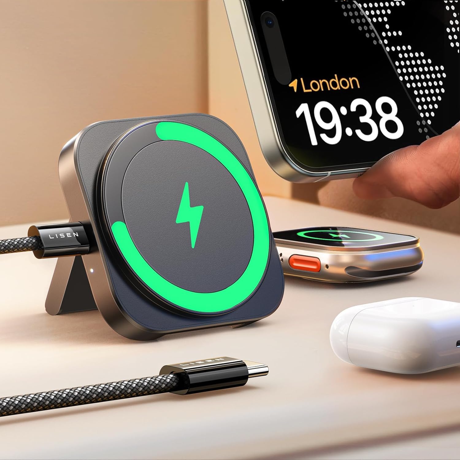 LISEN Travel Magsafe Wireless Charger for iPhone 17 & Apple Watch Charger Stand, Magnetic Mag Safecharger 3 in 1 Wireless Charging Station Pad Desk