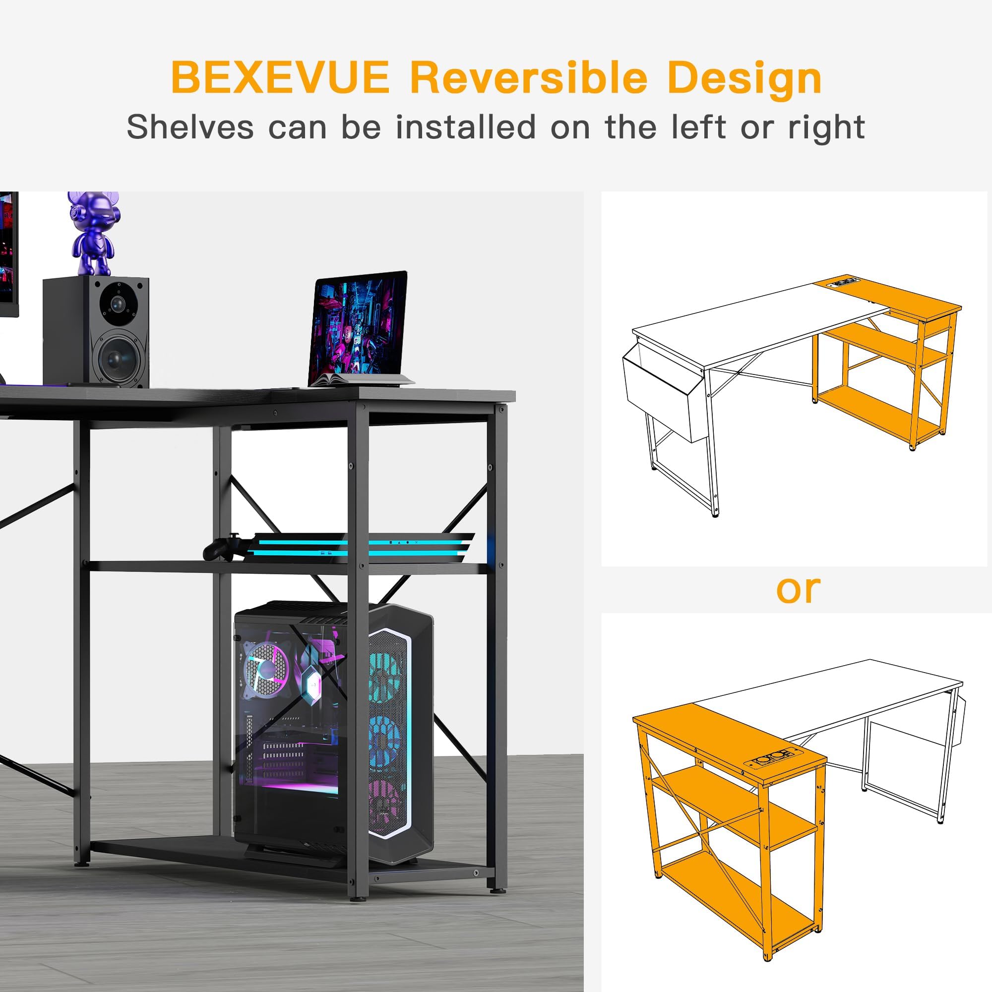 BEXEVUE L Shaped Gaming Desk, 100x70 cm Computer Desk with Storage Bag, Office Desk Small Writing Table with Large Reversible Storage Shelves,