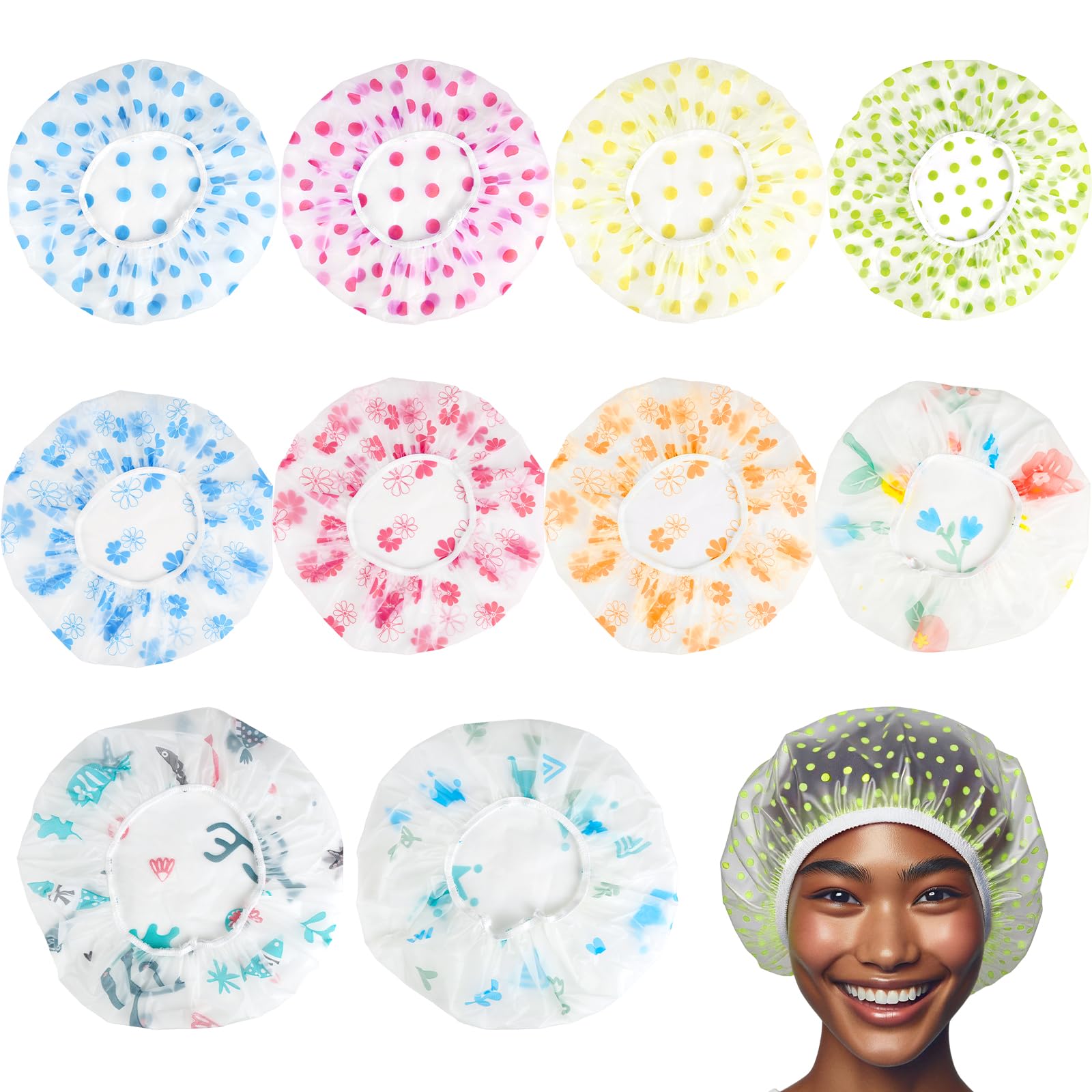 GUOYIHUA Pack of 10 Shower Caps, Reusable Shower Caps, Waterproof Elastic Shower Cap, Colour Shower Caps for Home, Hotel, Travel, Spa, Makeup, Salon
