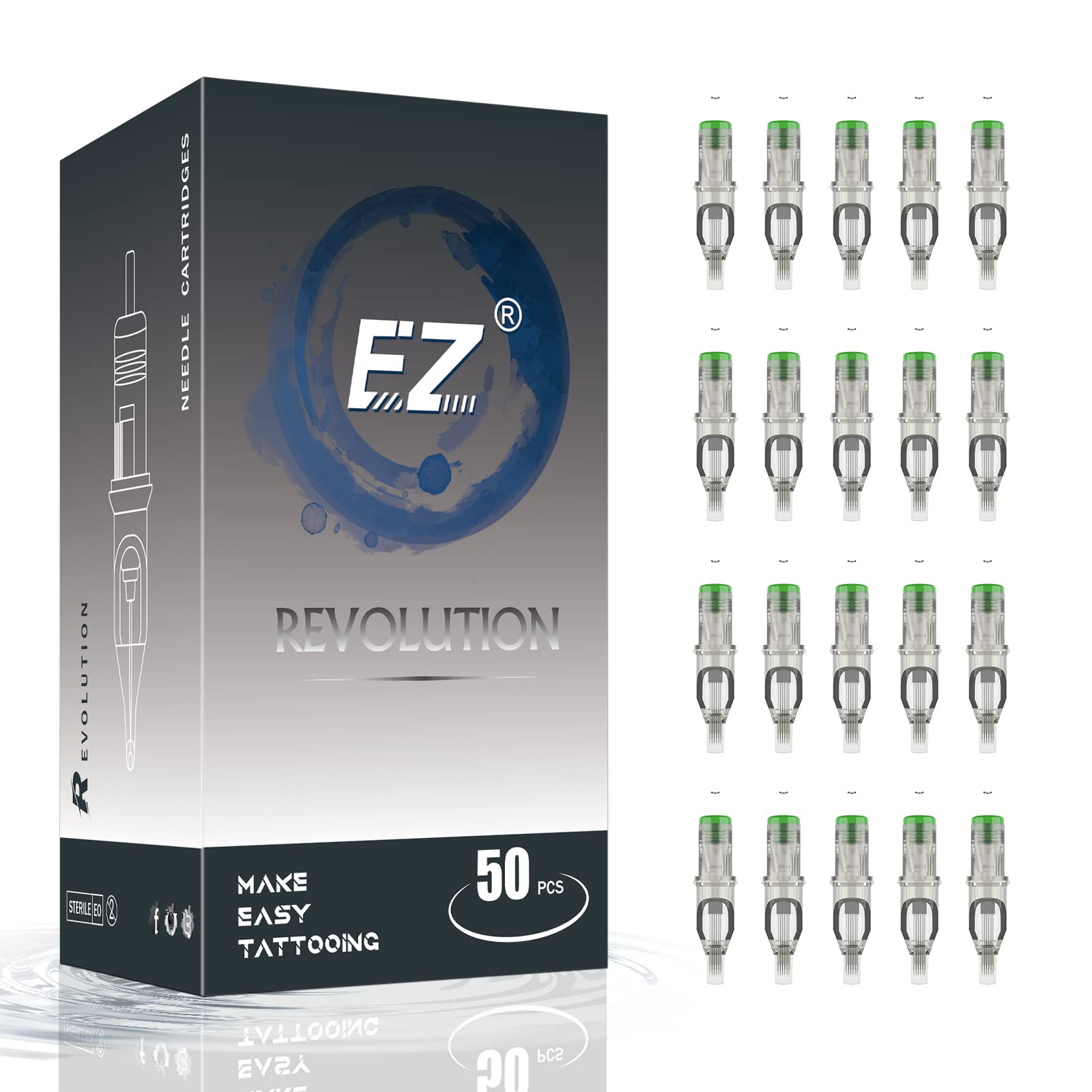 EZ Tattoo Cartridge Needles Assorted - 50Pcs #10 Mixed (7M1 9M1 11M1 13M1 15M1) Bugpin Magnum Tattoo Needle Cartridges for Tattooing Rotary Tattoo Pen