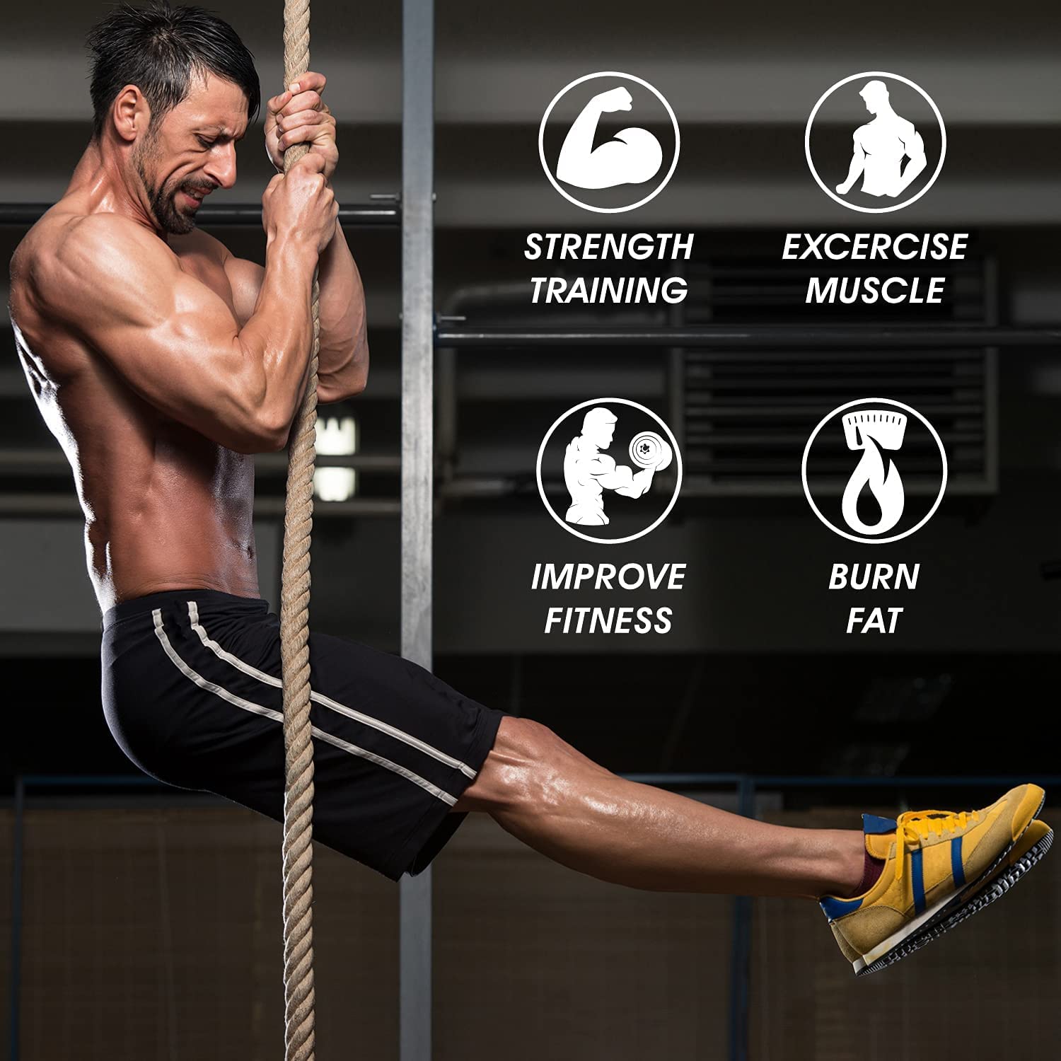 Yes4All Gym Climbing Rope with Carabiner 38mm Diameter for Fitness & Strength Training, Crossfit Exercises & Home Workouts, Strength Training Sports