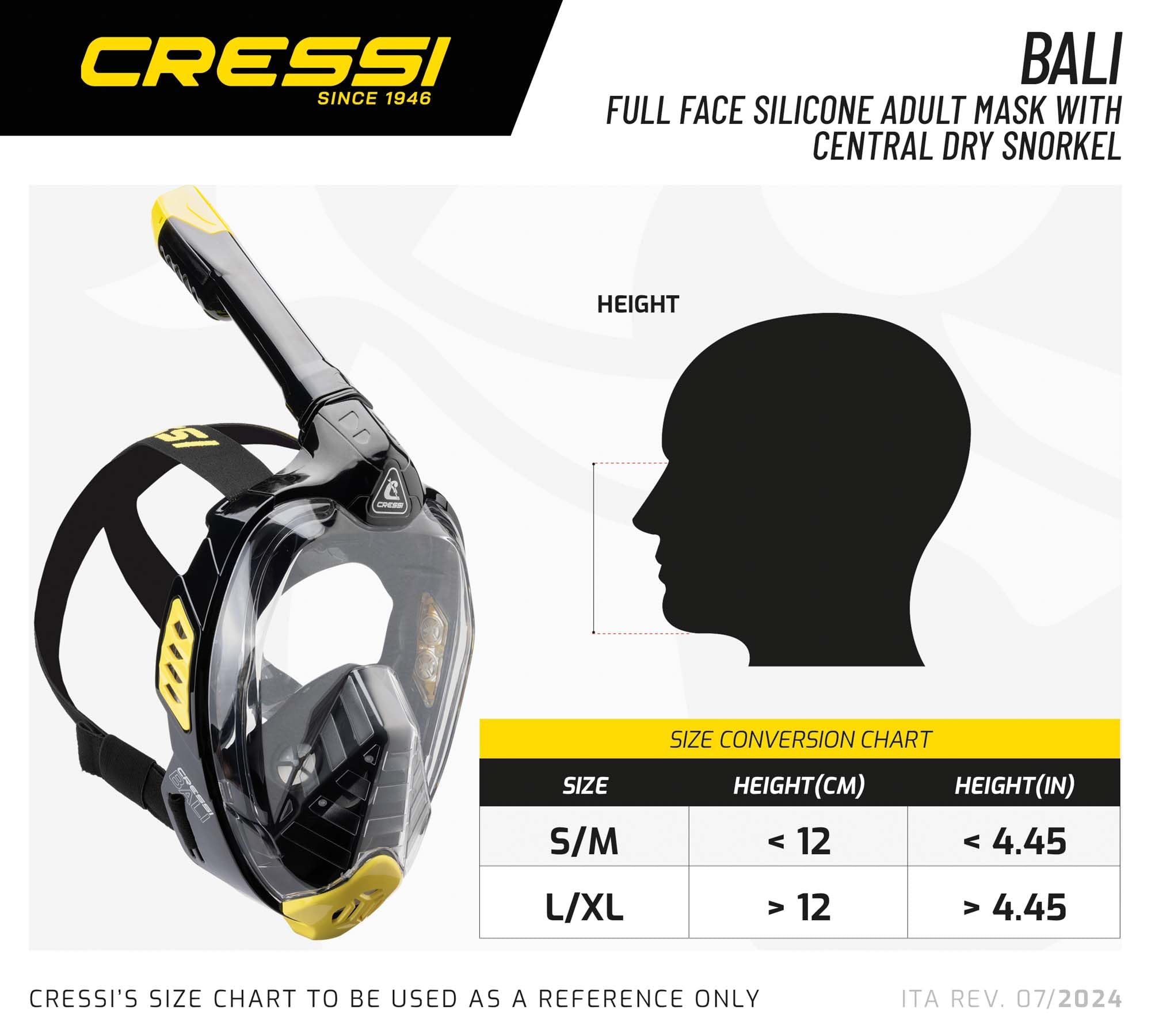 CRESSI Bali Full Face Mask Black/Blue S/M - Unisex Integral Snorkel Mask, Anti Fog Clear Lens, 100% Silicone, Dry Snorkel with Float Valve, Action Cam