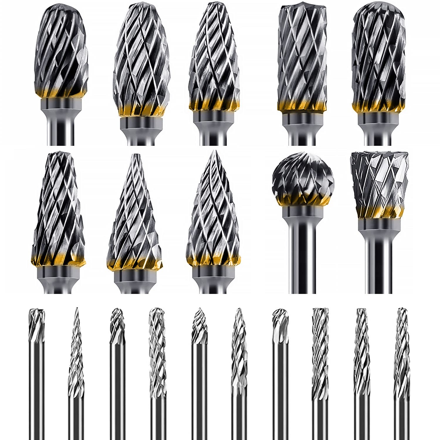 20 PCS Carbide Die Grinder Bits for Dremel Rotary Tool Accessories, Heatigo 1/8" Shank Double Cut Tungsten Steel Rotary Burr Set, Carving Tools for