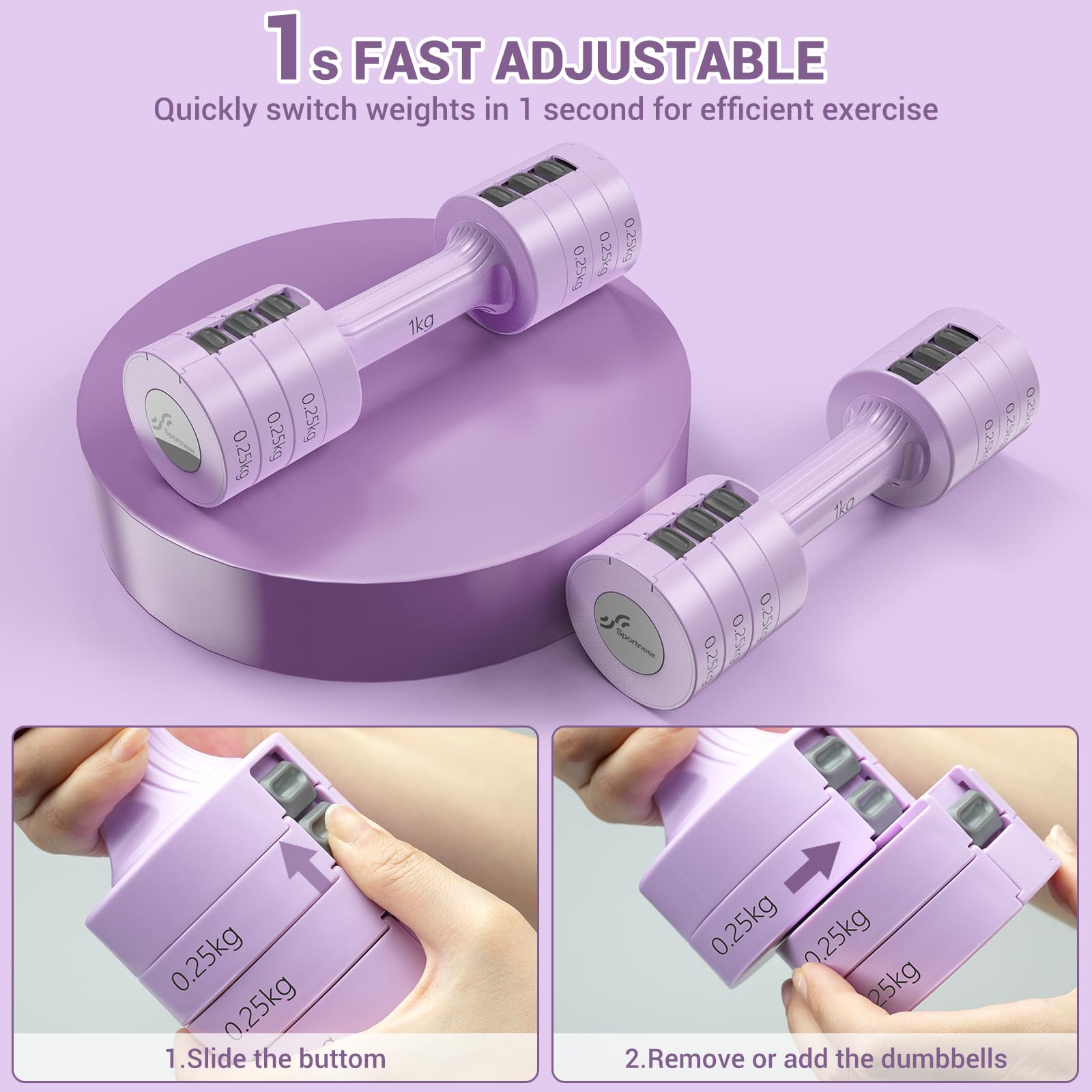 Sportneer Adjustable Dumbbells Set: Each 1kg/1.5kg/2kg/2.5kg (2kg-5kg per Pair), 4-in-1 Dumbbells Set Women, Weights for Women, Adjustable Dumbbell