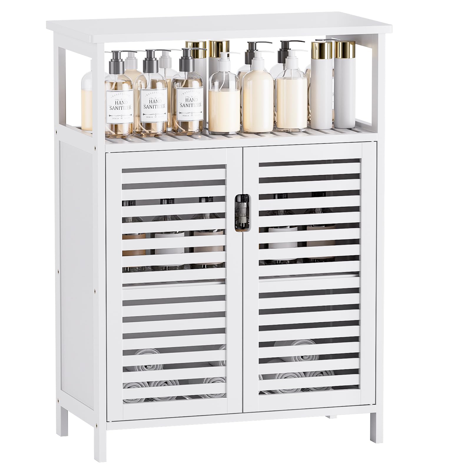 HITNET Bathroom Floor Storage Cabinet, Freestanding Bamboo Side Storage Organizer with Double Doors and Open Shelves, Space Saving Small Kitchen