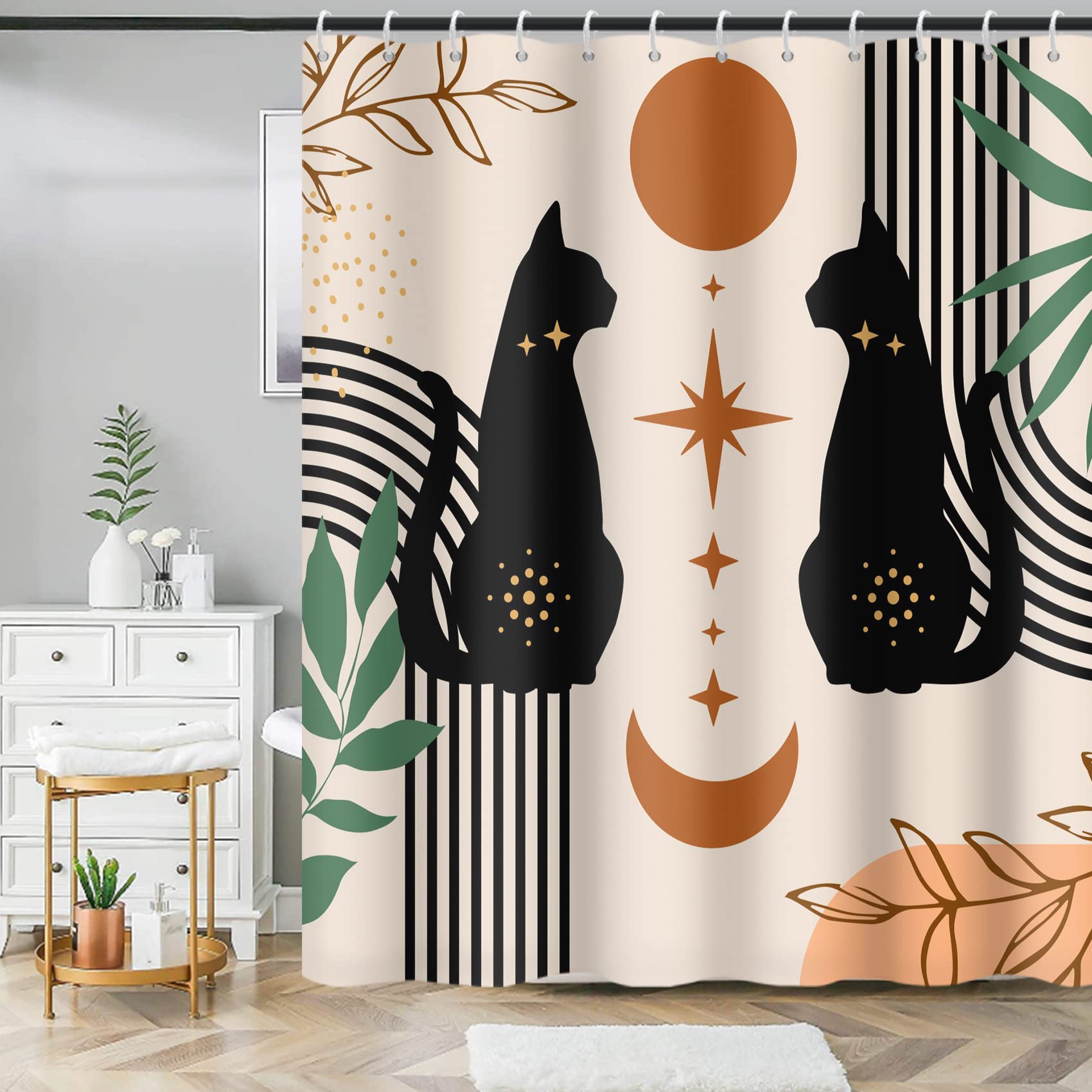 MIRRORANG Cute Black Cat Shower Curtain, Mid Century Modern Shower Curtain Set with 12 Hooks, Abstract Boho Plant Bath Curtains Durable Fabric Machine