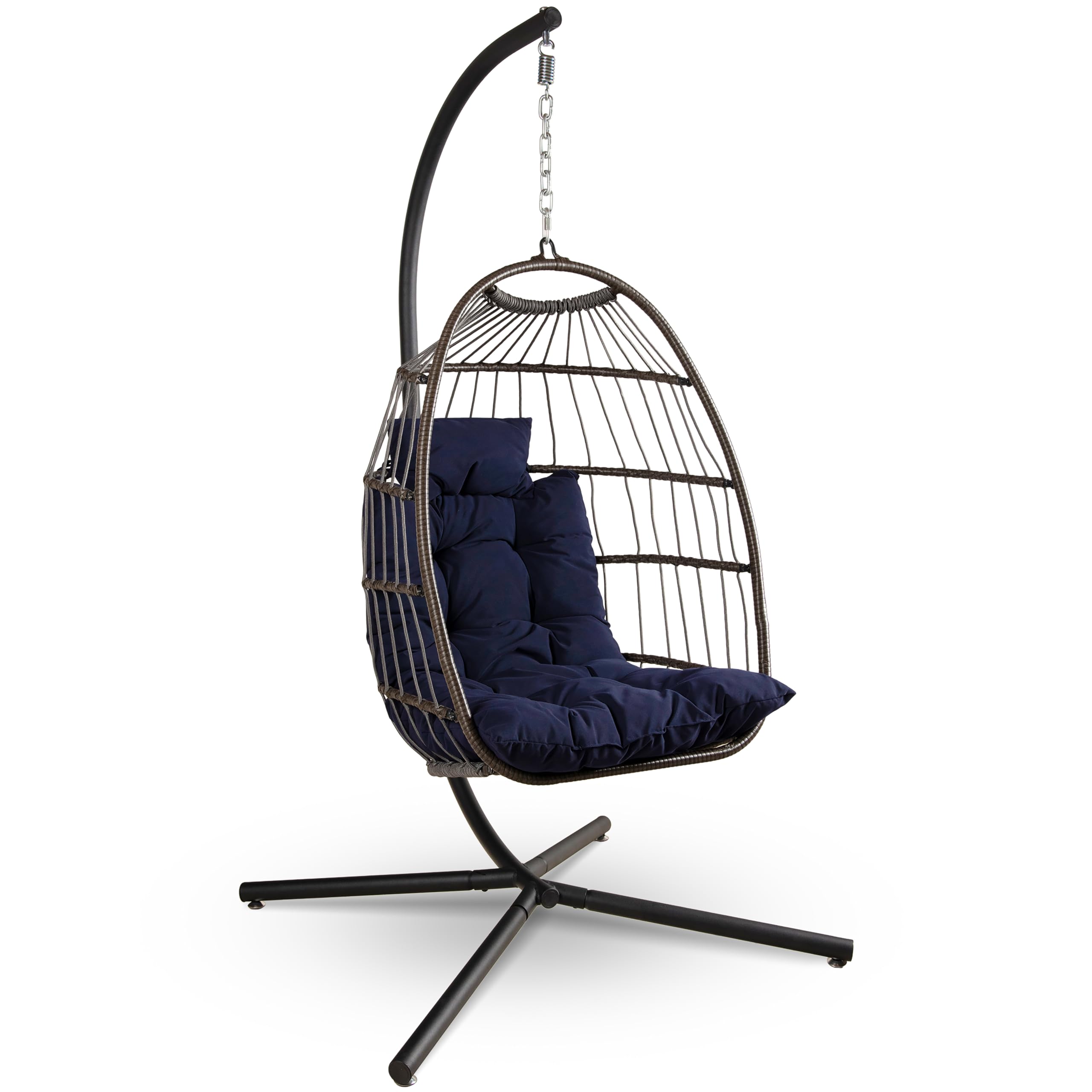 SereneLife Foldable Egg Chair with Stand, Rattan Wicker Hanging Swing for Indoor Outdoor Use, Waterproof Cushion & Headrest, Cozy Garden, Patio,