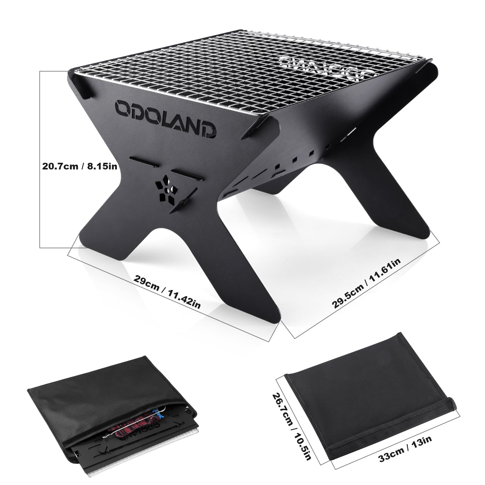 Odoland Camping Fire Pit, Portable Fire Pit for Camping, 2 in 1 Wood Burning Fire pit Grill with Detachable Cooking Grate for Outdoor BBQ, with Carry