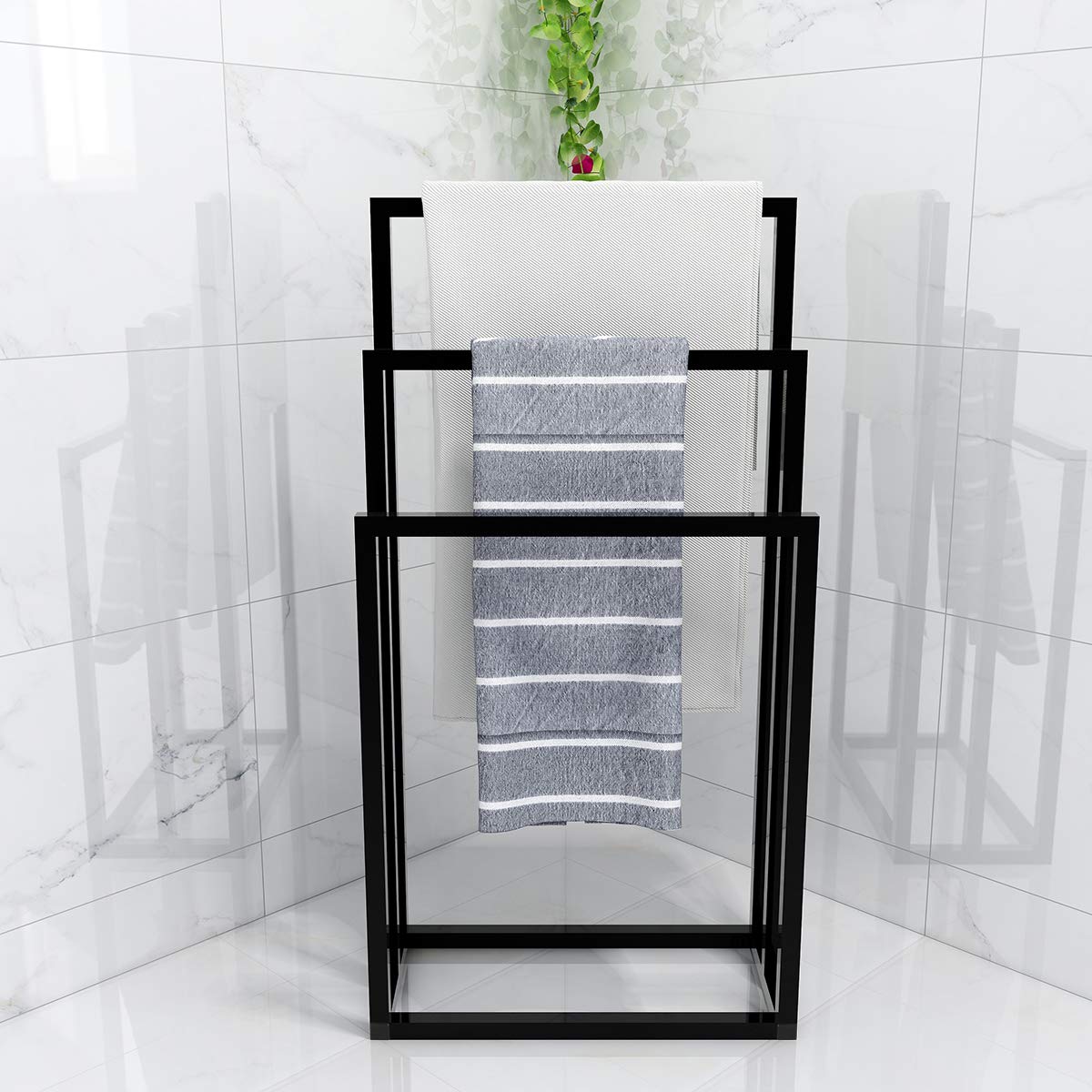 Metal Towel Bathroom Rack 3 Bars Freestanding Drying Shelf 3 Tier Storage Organizer Washcloths Holder (Black)