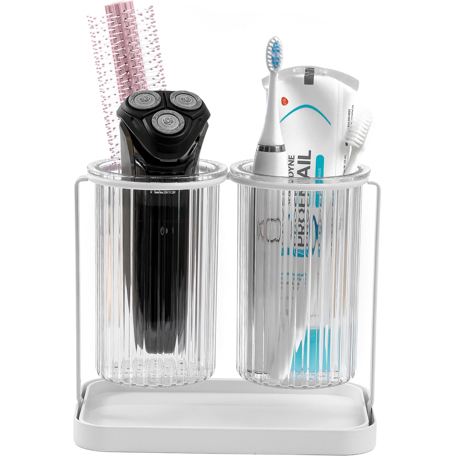Toothbrush Holders with Drain Tray, 2 Slots Hanging Toothbrush and Toothpaste Holder Organizer Bathroom Caddy Countertop for Toothpaste, Razors,