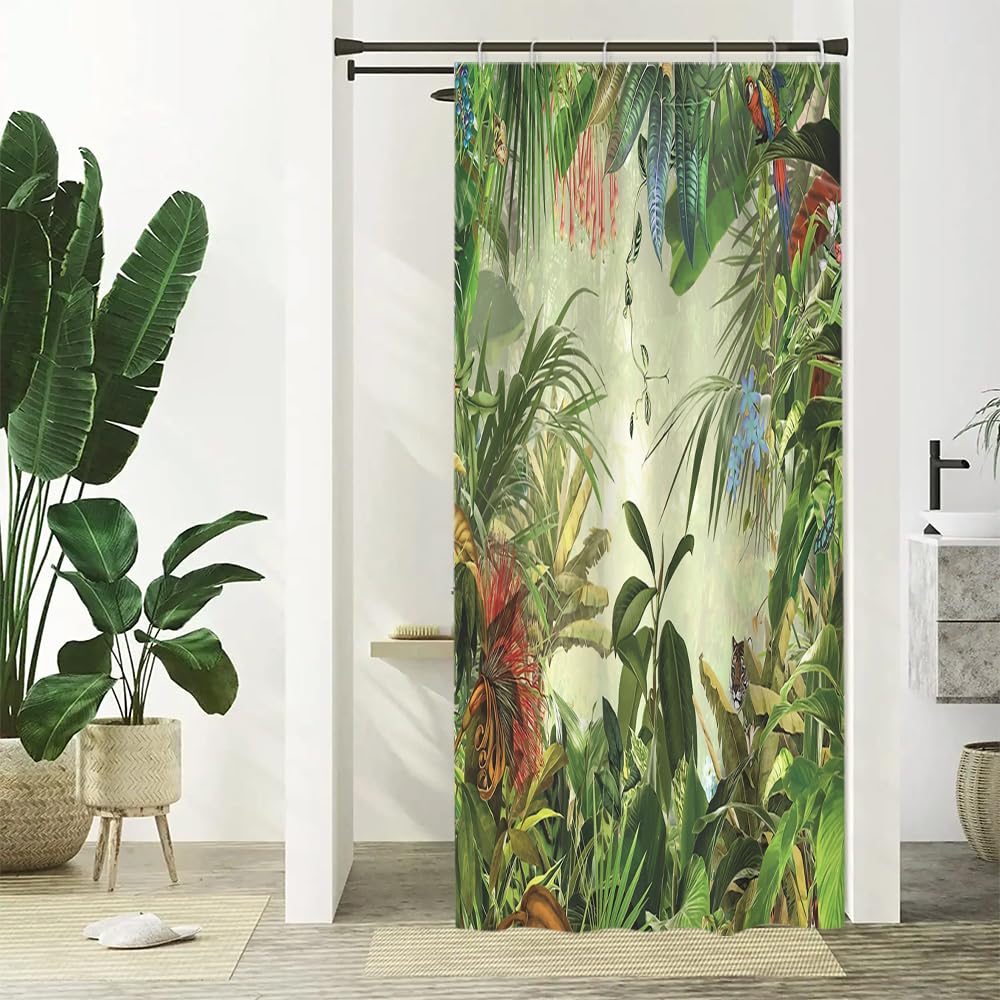 Uiiooazy Anti-Mould Shower Curtain, Narrow Docuhe Curtain 90 x 180 cm Jungle Green Tropical Palm Leaves Forest Small Bath Curtains Washable Fabric