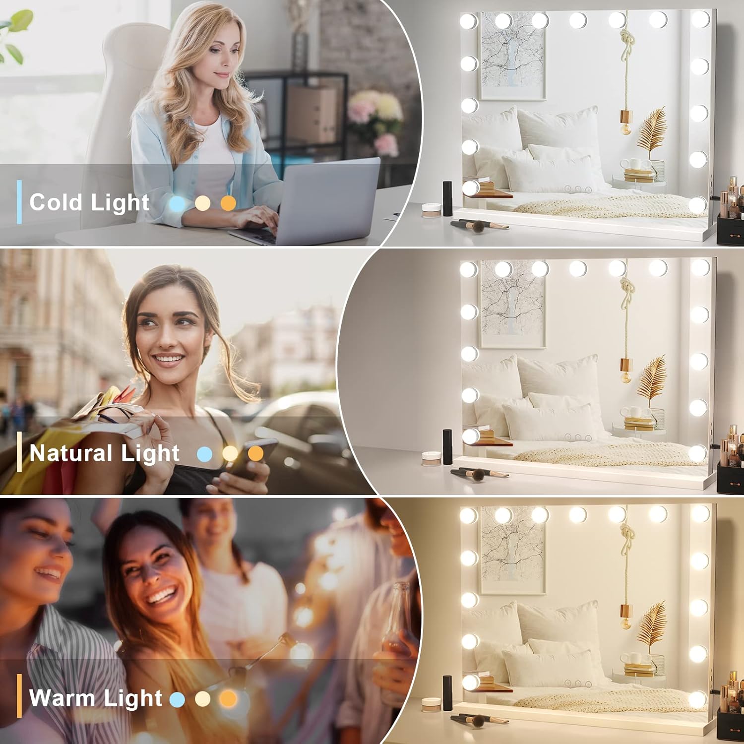 Hollywood Vanity Mirror with Lights, 58x42cm, 15 Bulbs, 3 Color Modes Dripex