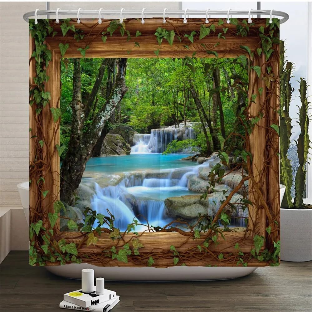StarBlue-HGS Forest Waterfalls Wooden Windows Waterproof Shower Curtain Set Tropical Vine Fabric Multi size Shower Curtain