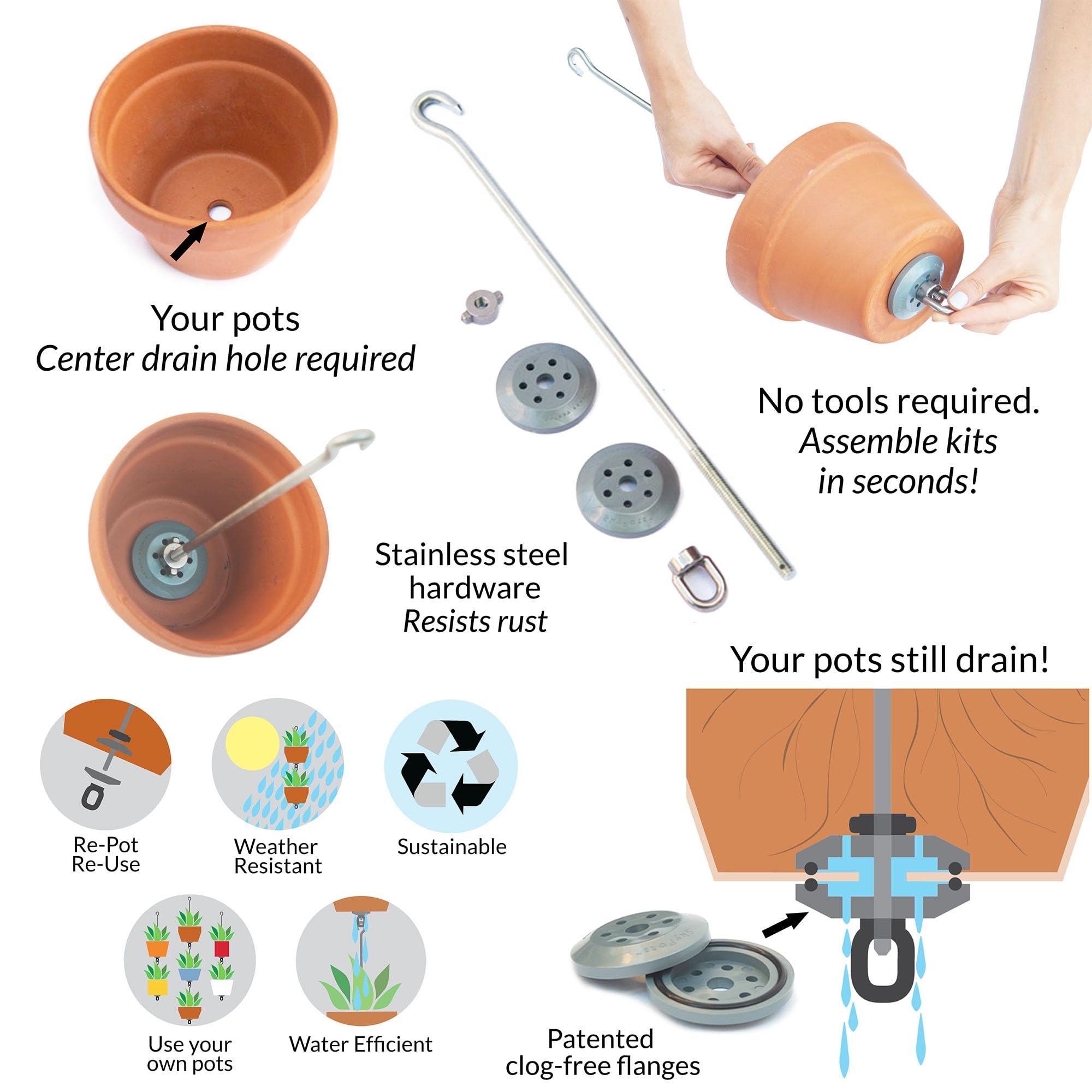 SkyPots ? Two Pack, Pot Hanger Kits + Accessories - Hang and Connect Your Clay Pots, Stainless Steel - Indoor/Outdoor - Connectable Hanging Planter