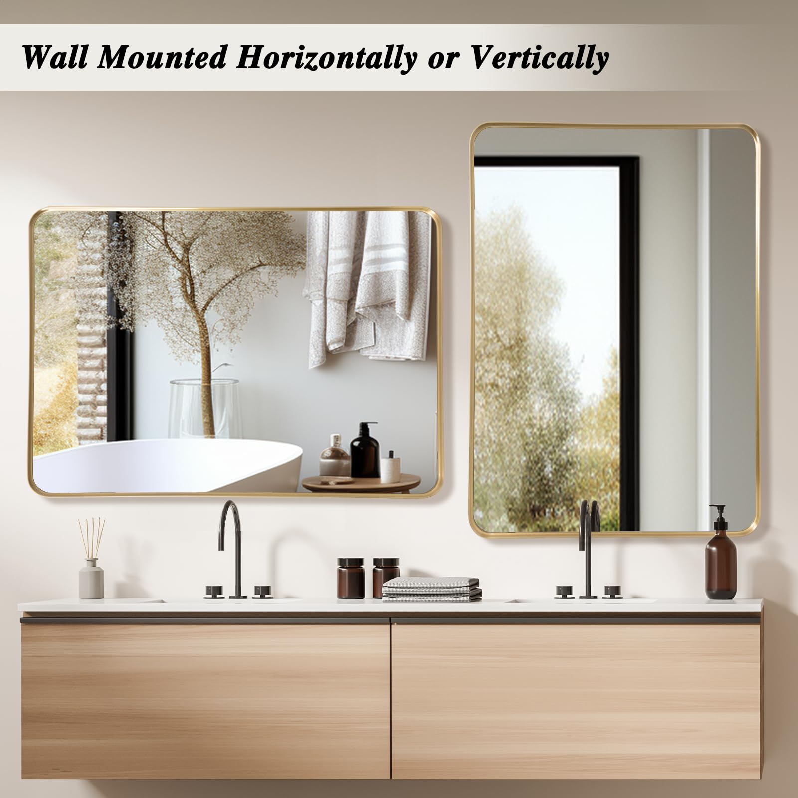 LunaMirror Wall Mirror 50x75 CM Wall-Mounted Bathroom Vanity Mirror Stylish Gold Mirror Wall Decor Rectangle Wall Hanging Mirror with Curved Corners