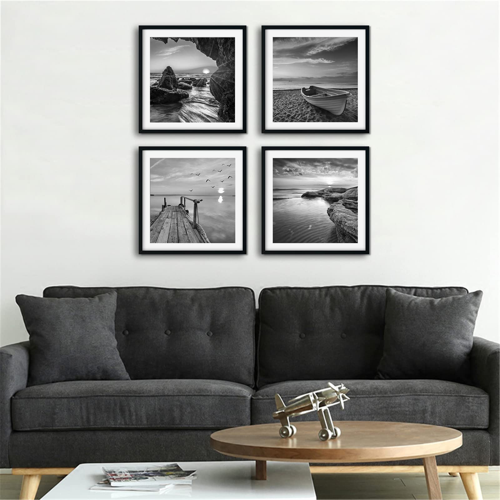 Black And White Wall Art - Sea And Beach In Sunrise Prints Wooden Framed 12x12 Inches Pictures Seascape Artwork 4PCS Boat Scenery Card Paper Paintings