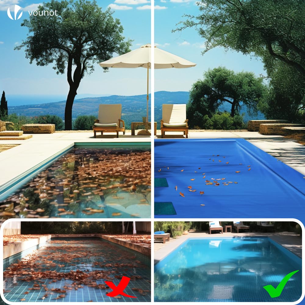 VOUNOT Swimming Pool Cover Rectangular Heavy Duty Double Layer Pool Protective Cover with Drain Net, Aluminum Eyelets Waterproof Cover, 5X10m