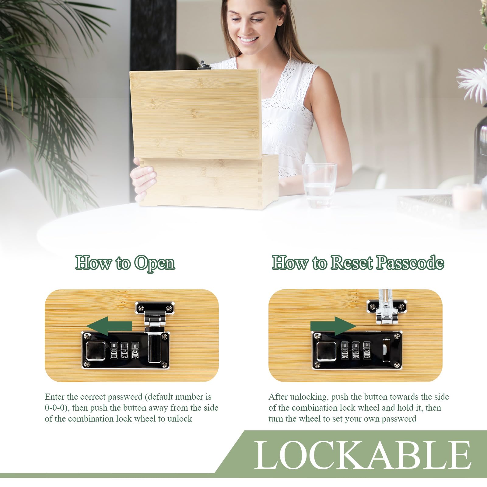 Viking Factory Large Lockable Bamboo Storage Box with Combination Lock, Decorative Organizer for Jewelry, Medicine & Tools, Includes Tray, Glass Jars
