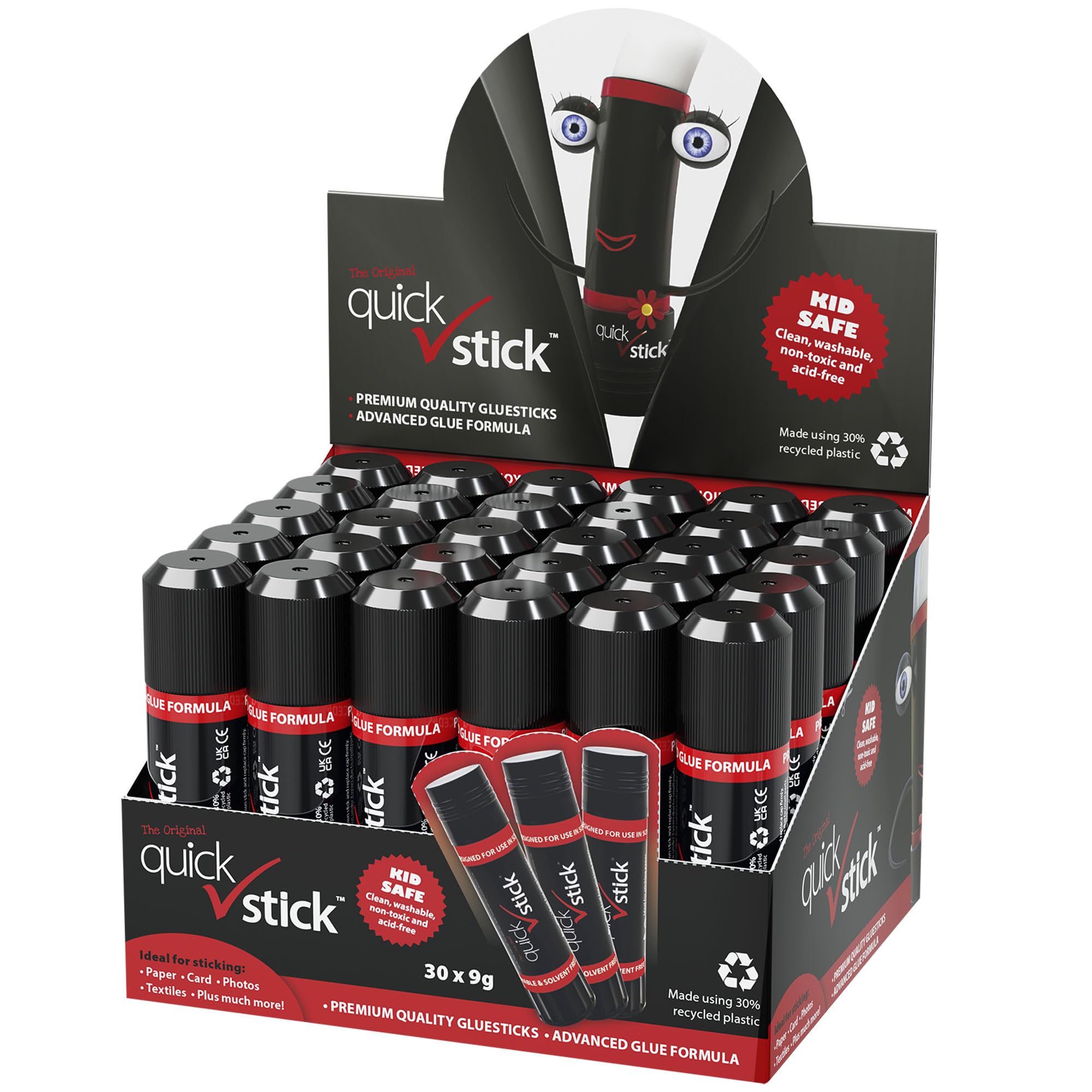 Quick Stick Glue Sticks Original 9g, Pack of 30 Glue Sticks, Quality Adhesive Gluestick, Ideal Strong-hold for Paper, Card, Textiles, Crafting Glue,