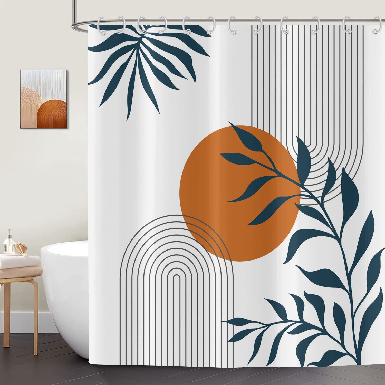 ASDCXZ Shower Curtain 180x180 cm Boho Style, Modern Abstract Art Sun Leaves Lines White Bath Washable Shower Curtains Polyester Textile Waterproof