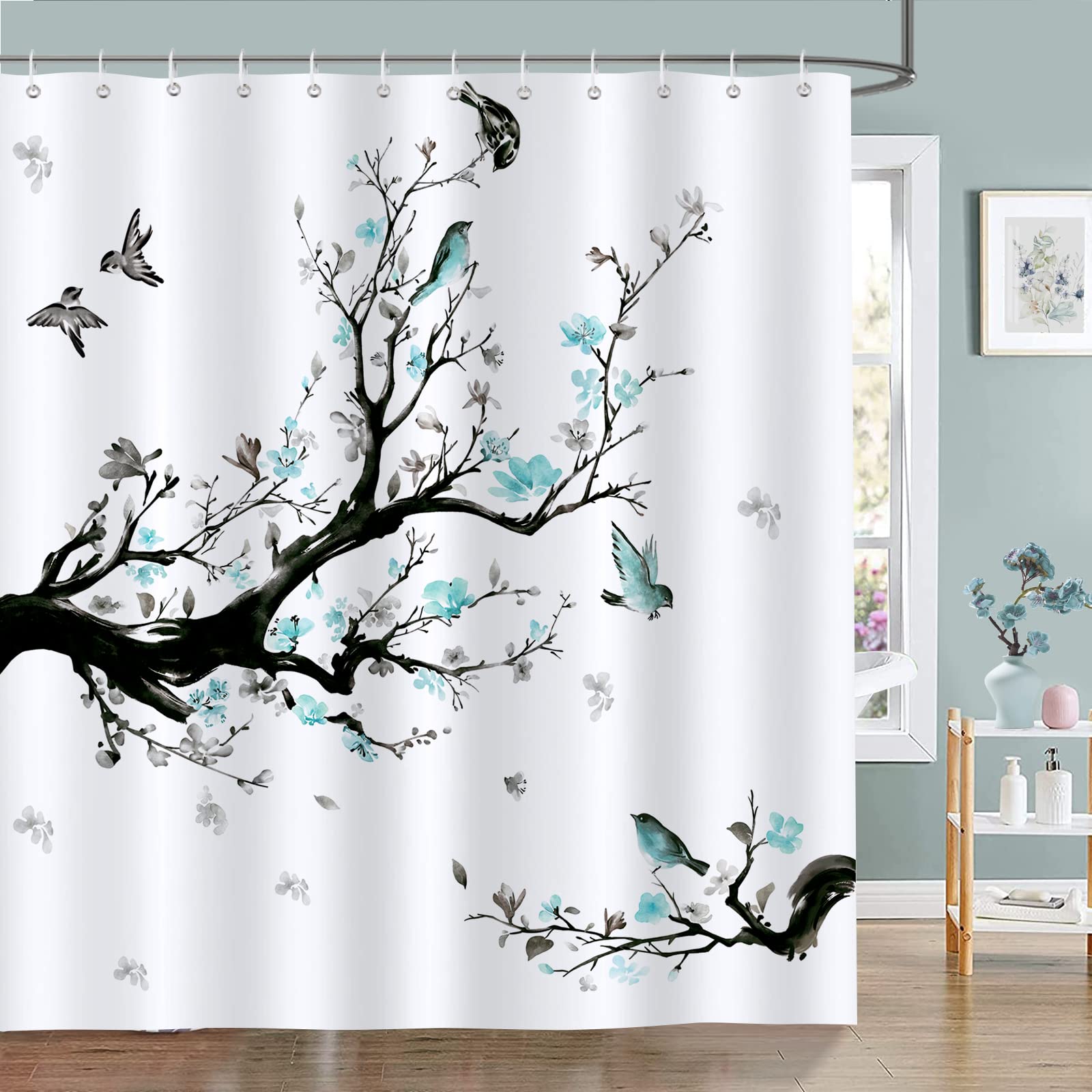 Bonhause Watercolor Blue Flower Shower Curtain Blossom Bird Tree Branch Bathroom Curtain 180 x 180 cm Waterproof Mildew & Mould Resistant Polyester
