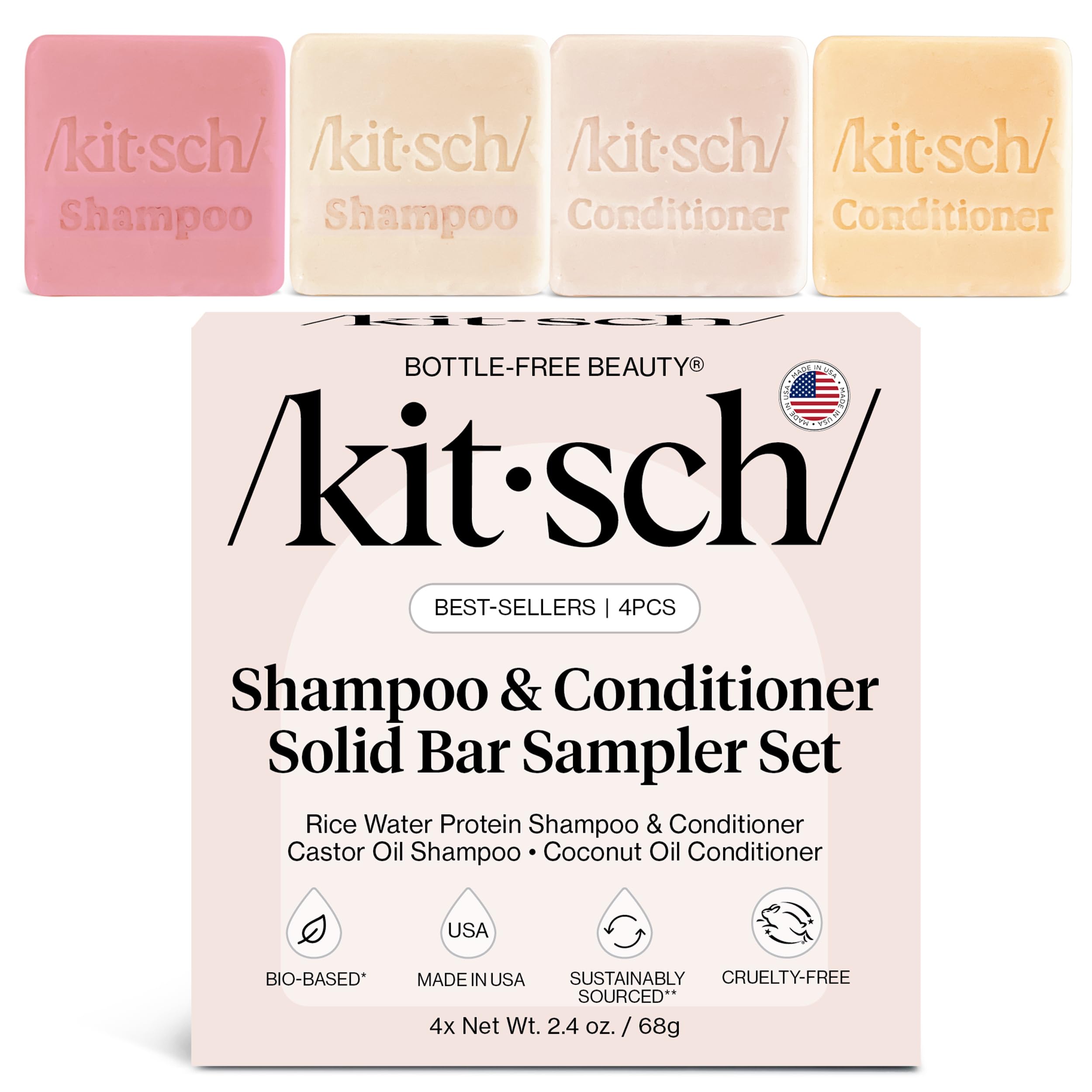 Kitsch 4pc Solid Shampoo & Conditioner Sampler Set ? Rice Water & Castor Oil Shampoo Bars, Rice Water & Coconut Oil Conditioner Bars ? Bottle-Free