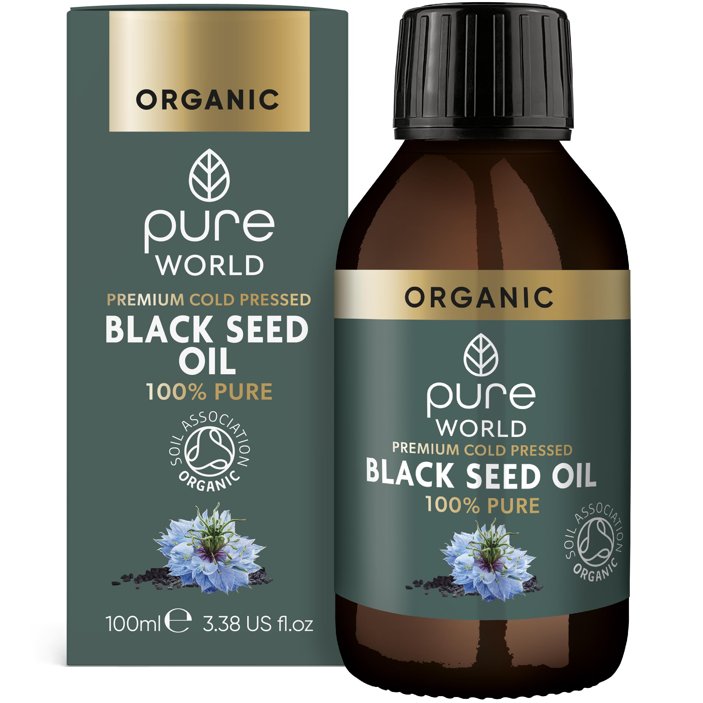 Pure World Organic Black Seed Oil 100ML High Strength Thymoquinone Cold & Freshly Pressed 100% Pure Virgin Nigella Sativa. Glass Bottle Kalonji