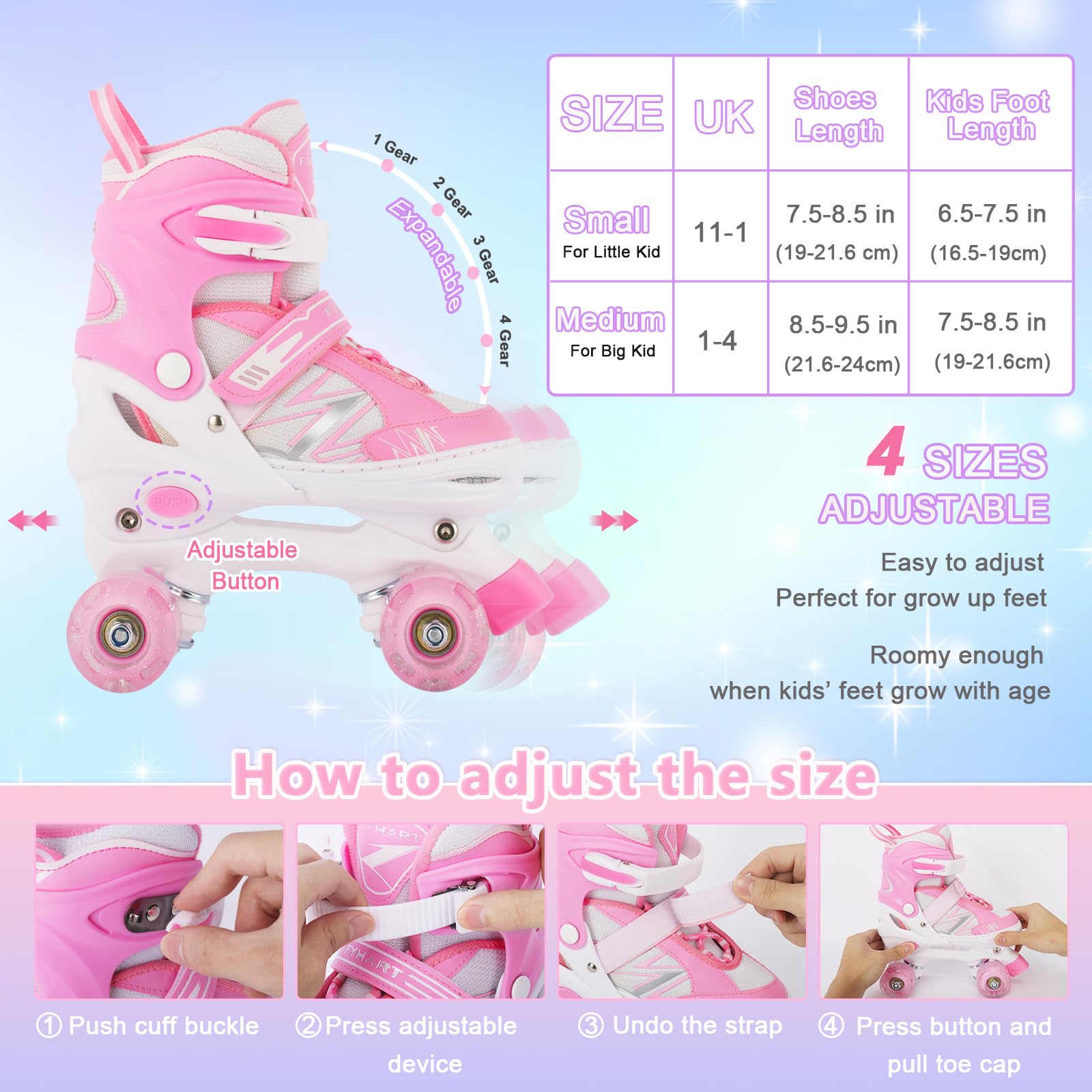 Kids Girls Roller Skates For Toddler Child Beginner, 4 Sizes Adjustable Kids Roller Skates with Light Up Wheels (Pink White, Medium)
