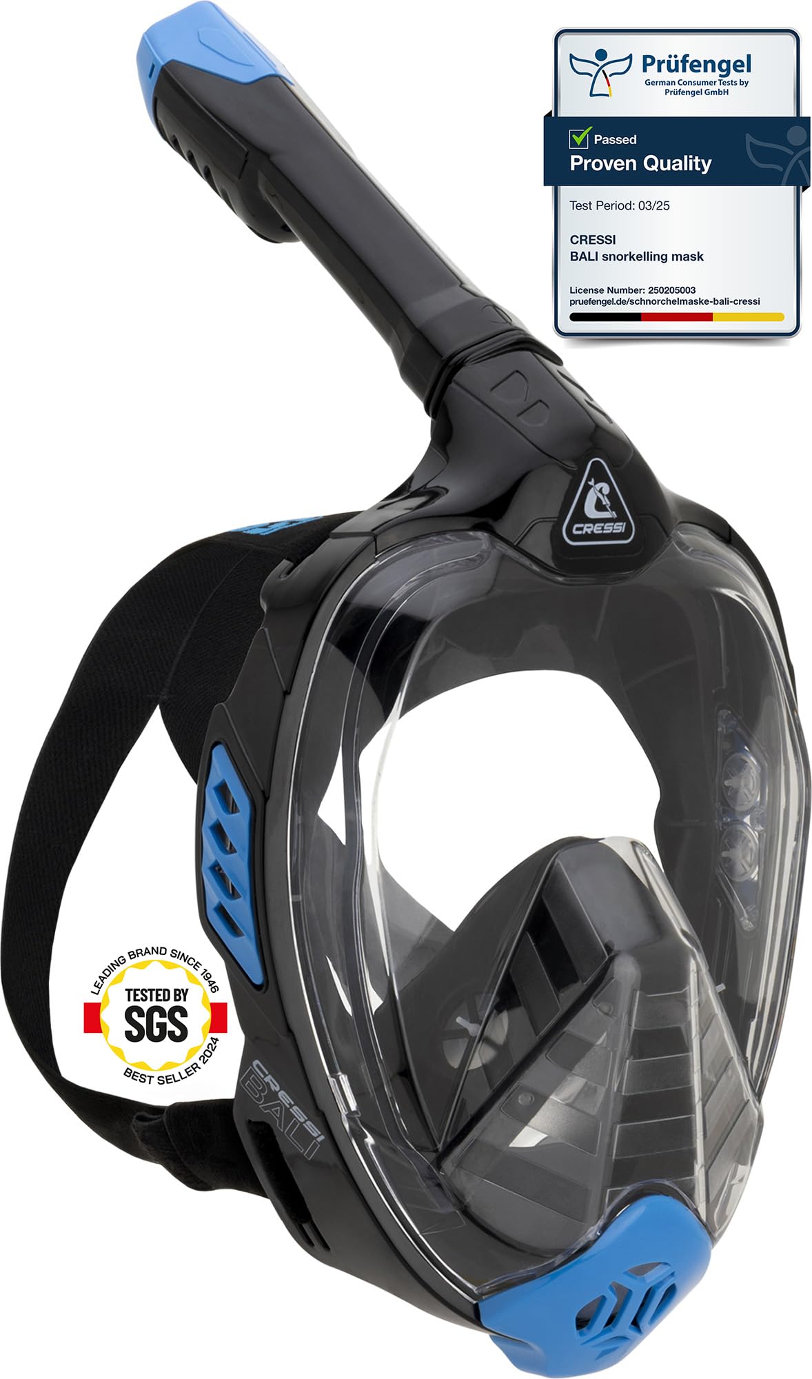 CRESSI Bali Full Face Mask Black/Blue S/M - Unisex Integral Snorkel Mask, Anti Fog Clear Lens, 100% Silicone, Dry Snorkel with Float Valve, Action Cam