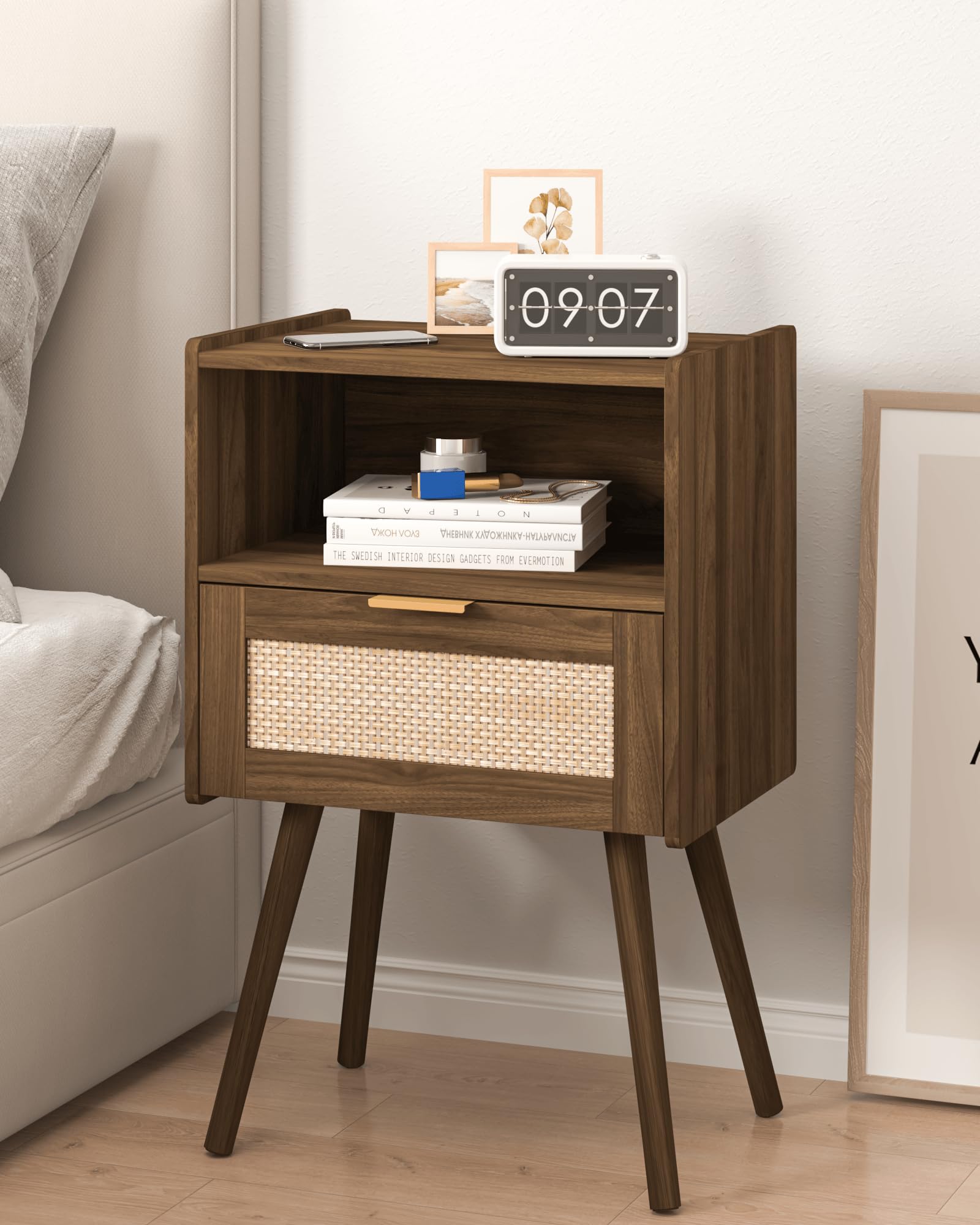JERX Rattan Nightstand,Farmhouse Bedside Table with Storage Drawer and Open Wood Shelf, for Living Room, Bedroom and Small Spaces, Accent Night Stand