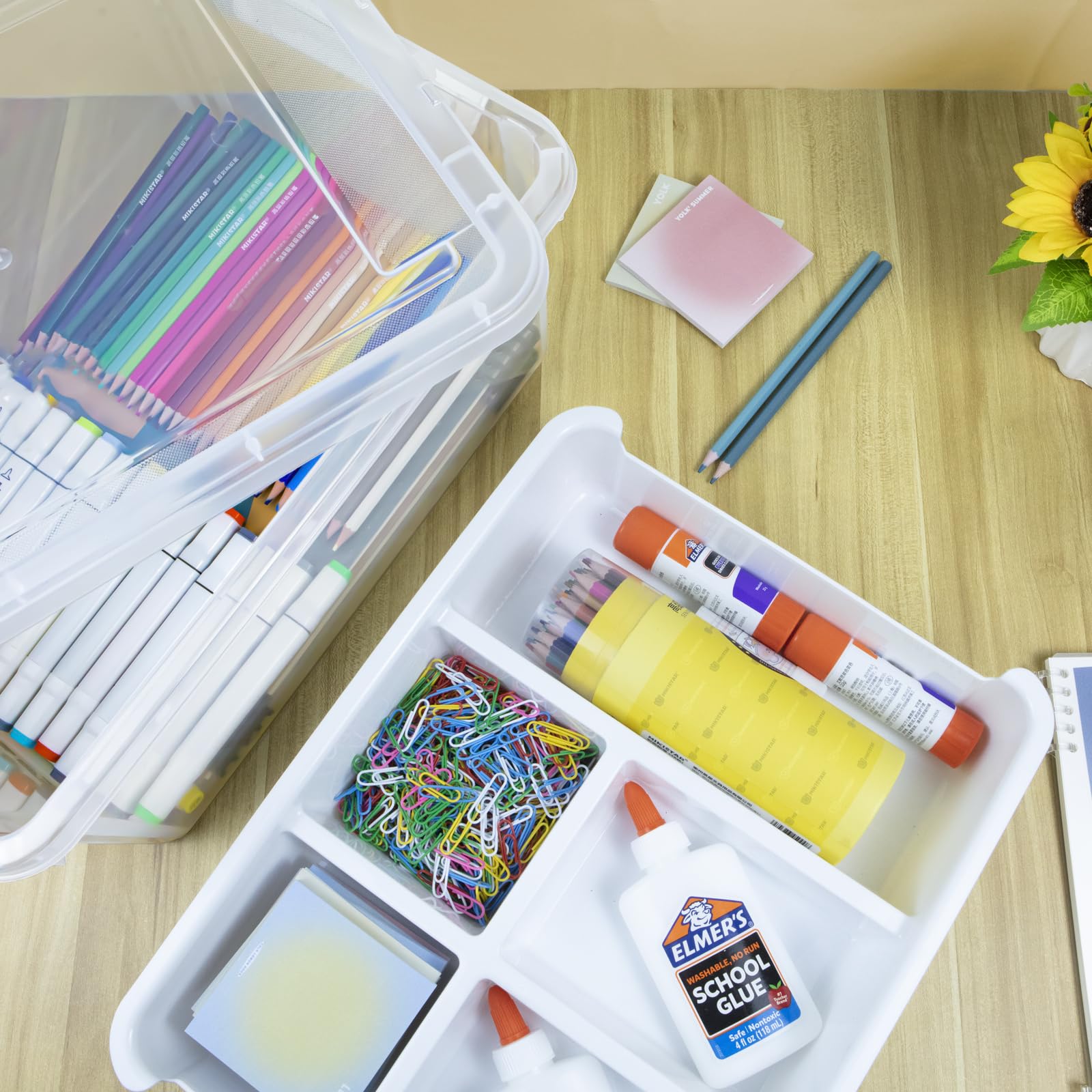 Creahaus 2Pack 16L Organizers and Storage Box with Removable Tray, Durable Plastic Containers with Lids and Latching Buckles, Stackable Art & Craft