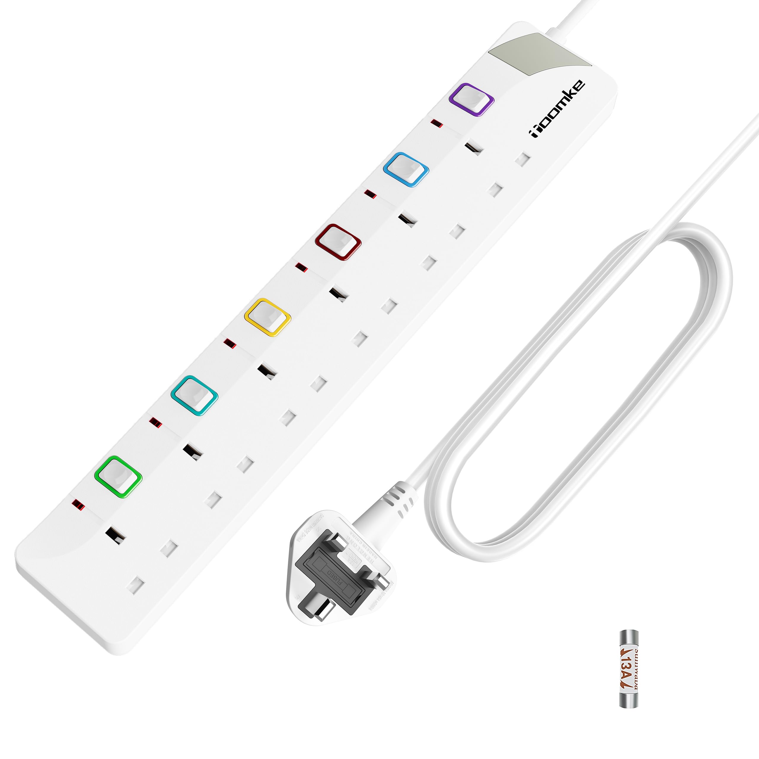 10M Extension Lead with Individual Switches and Indicator Lights, 6 Way Multi Plug Power Strip 10 Meter Long Extension Cord UK Plug 13A 3250W for Home