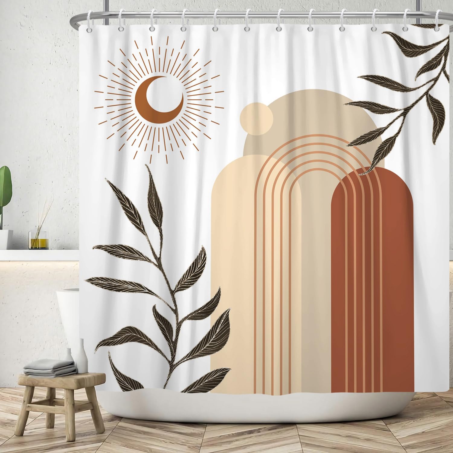 ASDCXZ Boho Shower Curtain 180x200 cm, Modern Abstract Boho Style Black Leaves Brown Moon Beige White Bath Washable Shower Curtains Polyester Textile