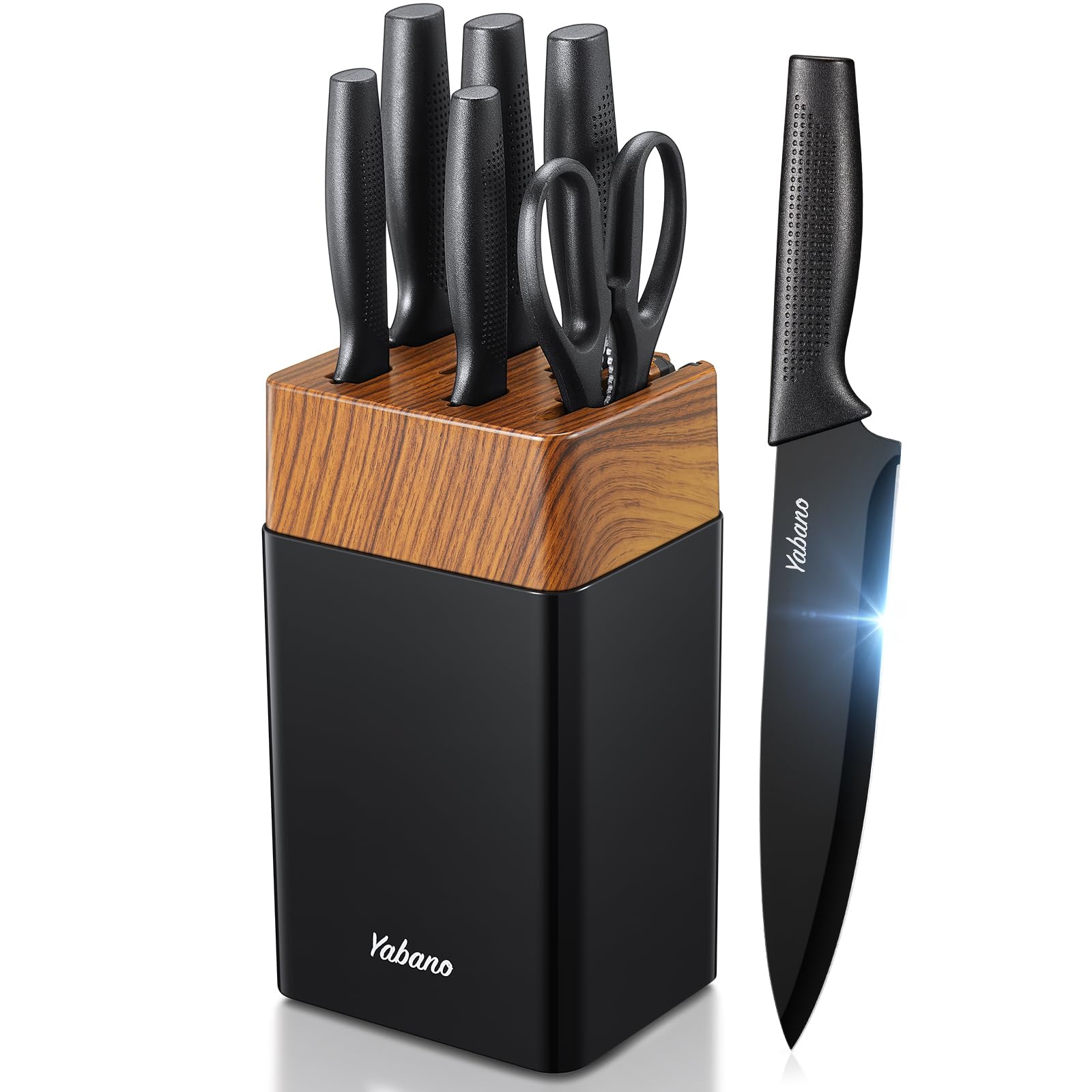 Yabano Knife Set, 7 Piece Kitchen Knives Set for Chef, Sharp Knife Set with Universal Plastic Knife Block, Anti-Rust Kitchen Knife Block Set with