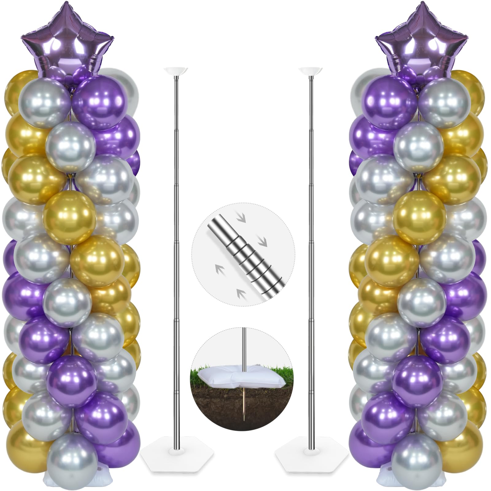 YALLOVE Balloon Column Stand Kit, 2 Sets 50cm to 2m Adjustable Balloon Stand, Metal Balloons Holder Tower Pillar with Base Clip Cup for Birthday