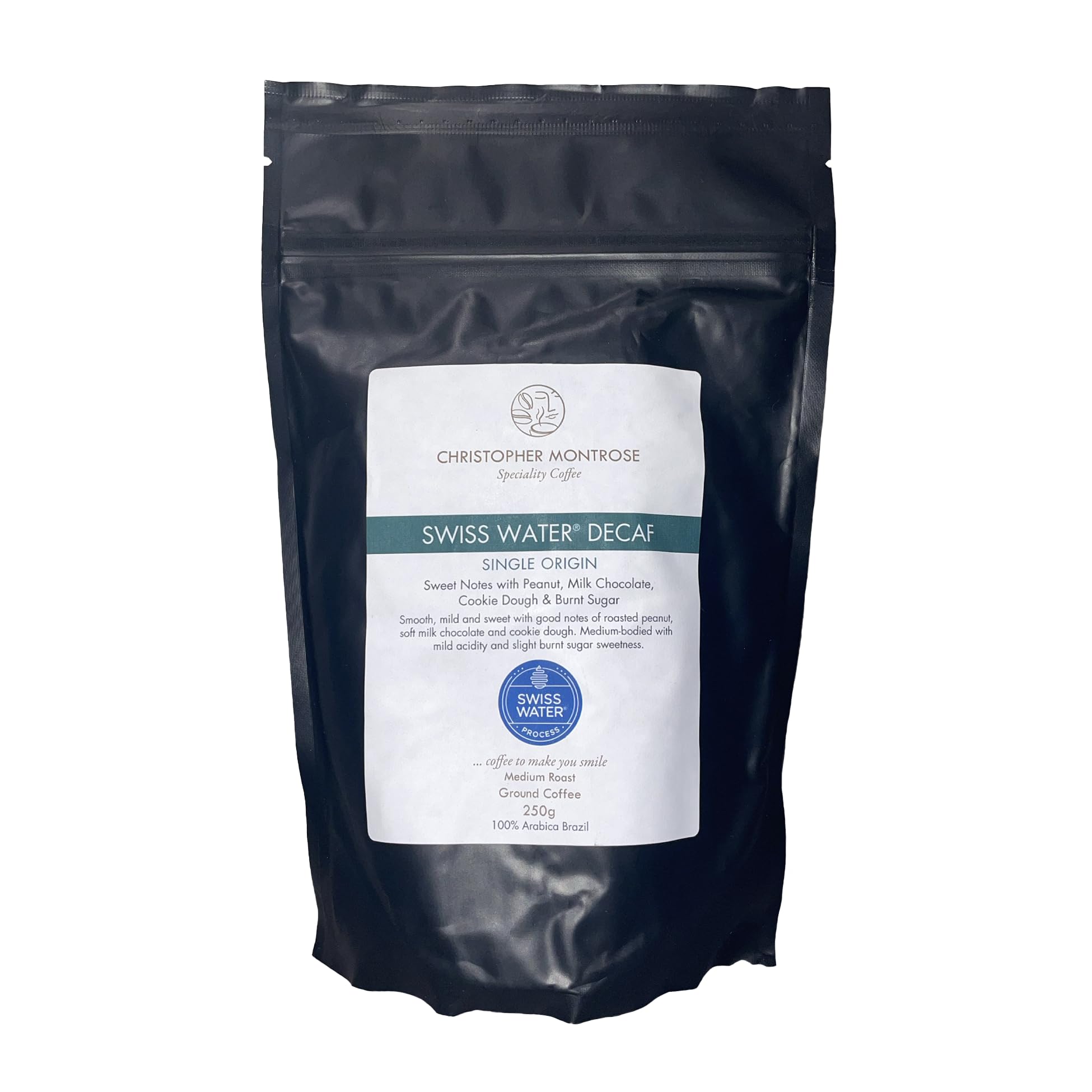 Christopher Montrose Coffee | Single Origin Swiss Water Decaf | Medium Roast Ground Coffee 250g