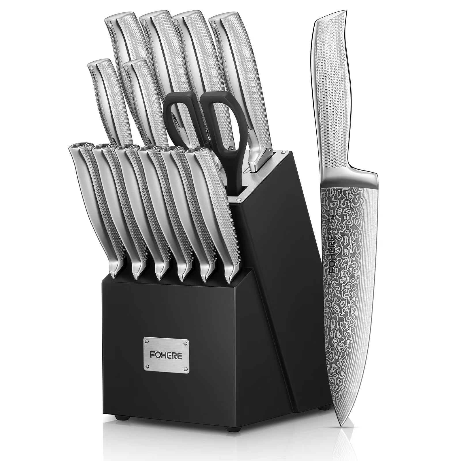 Kitchen Knife Set, FOHERE Knife Set with Block with Advanced Self Sharpening Technology, 14 Pieces Waved Texture Knives Set, Stainless Steel Kitchen