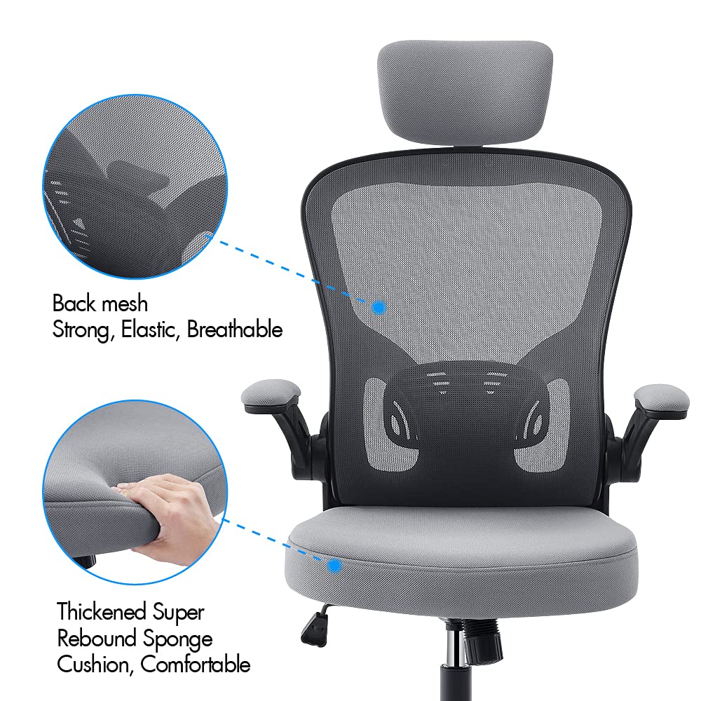 OWAY HOMELIVING Ergonomic Office Chair with Adjustable Lumbar Support & High-Back Mesh Desk Chair 150kg Weight Capacity & 125 Recline & Flip-Up