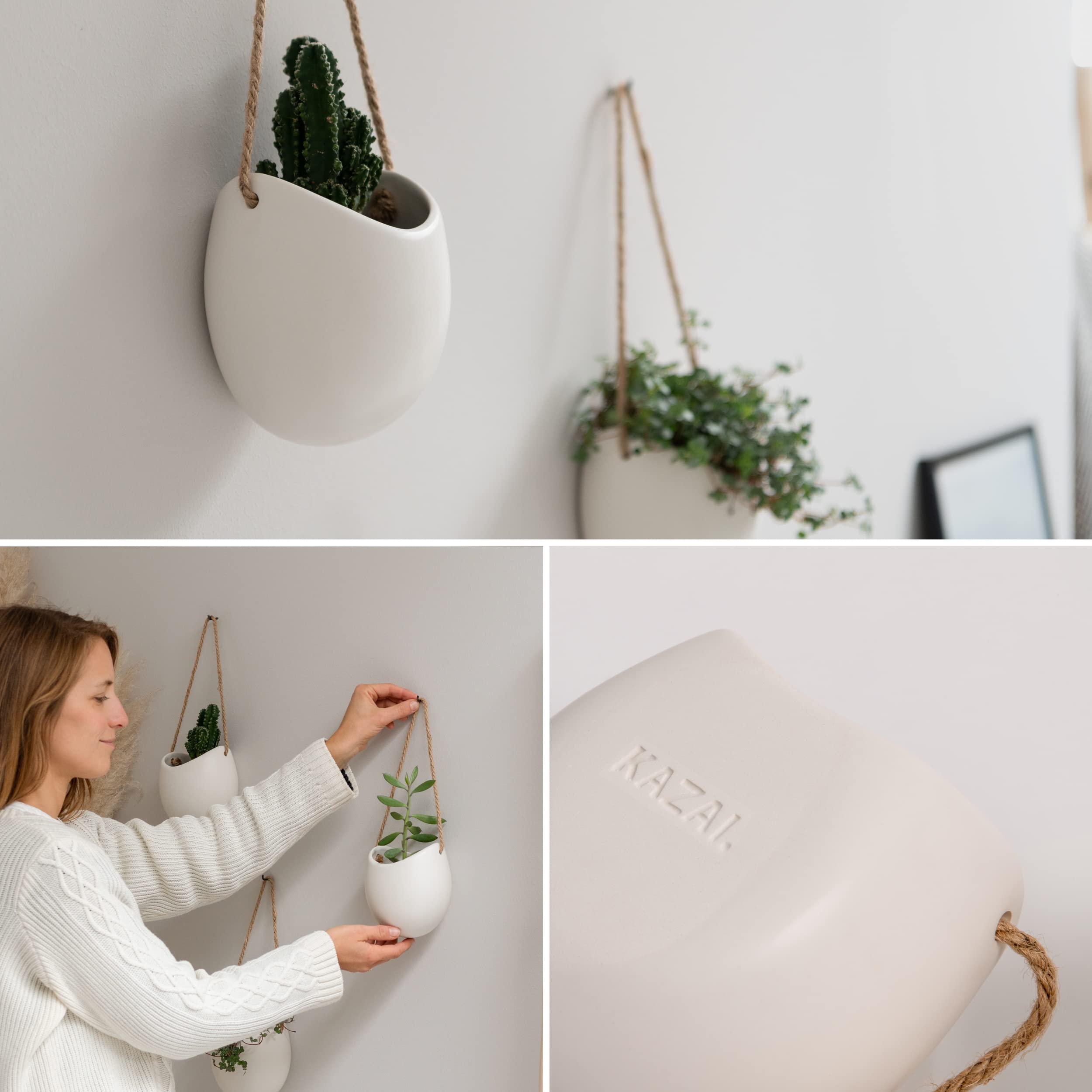 Kazai. Wall Planters -Ellie- | Hanging Ceramic Plant Pots, 3 Pieces, for Succulents and more | Wall Decoration for Indoors, Balcony and Garden | White