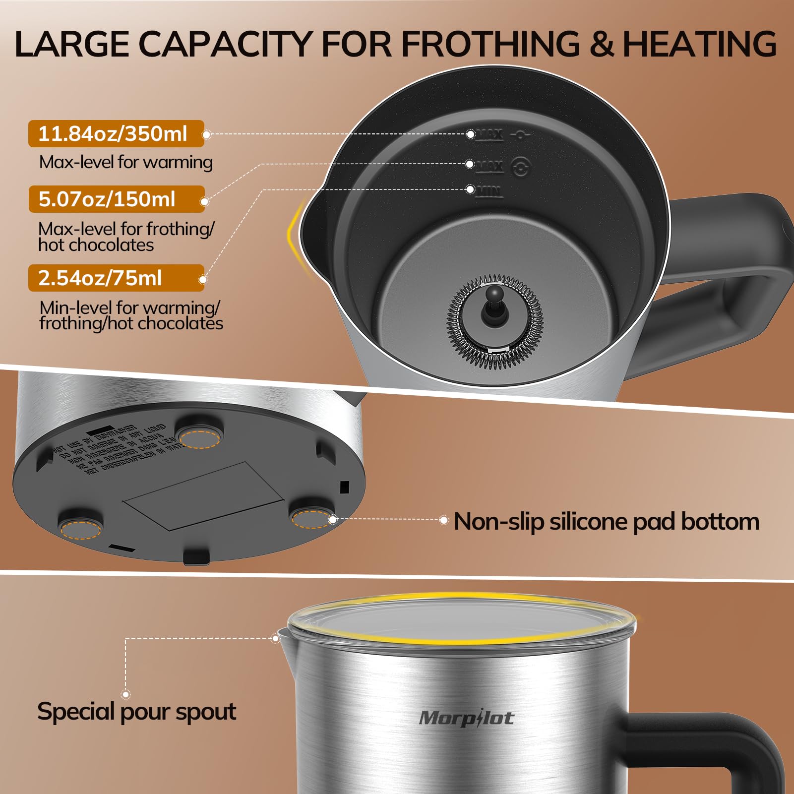 Milk Frother Electric 6 in 1 - Automatic Milk Frothers 350ml Milk Steamer and Warmer Stainless Steel Milk Heater Hot Chocolate Milk Foamer for Latte