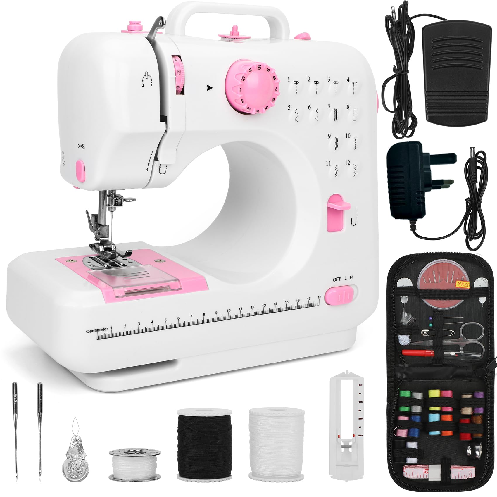 Mini Sewing Machine for Beginners, Small Stitching Machine with 12 Stitches Double-line Two-speed, Mini Sewing Kit, Reverse, UK power adapter, Foot