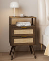 JERX Rattan Bedside Table, Farmhouse Nightstand with 2 Storage Drawer and Open Wood Shelf, for Bedroom and Small Spaces, Accent Bedside Cabinet with