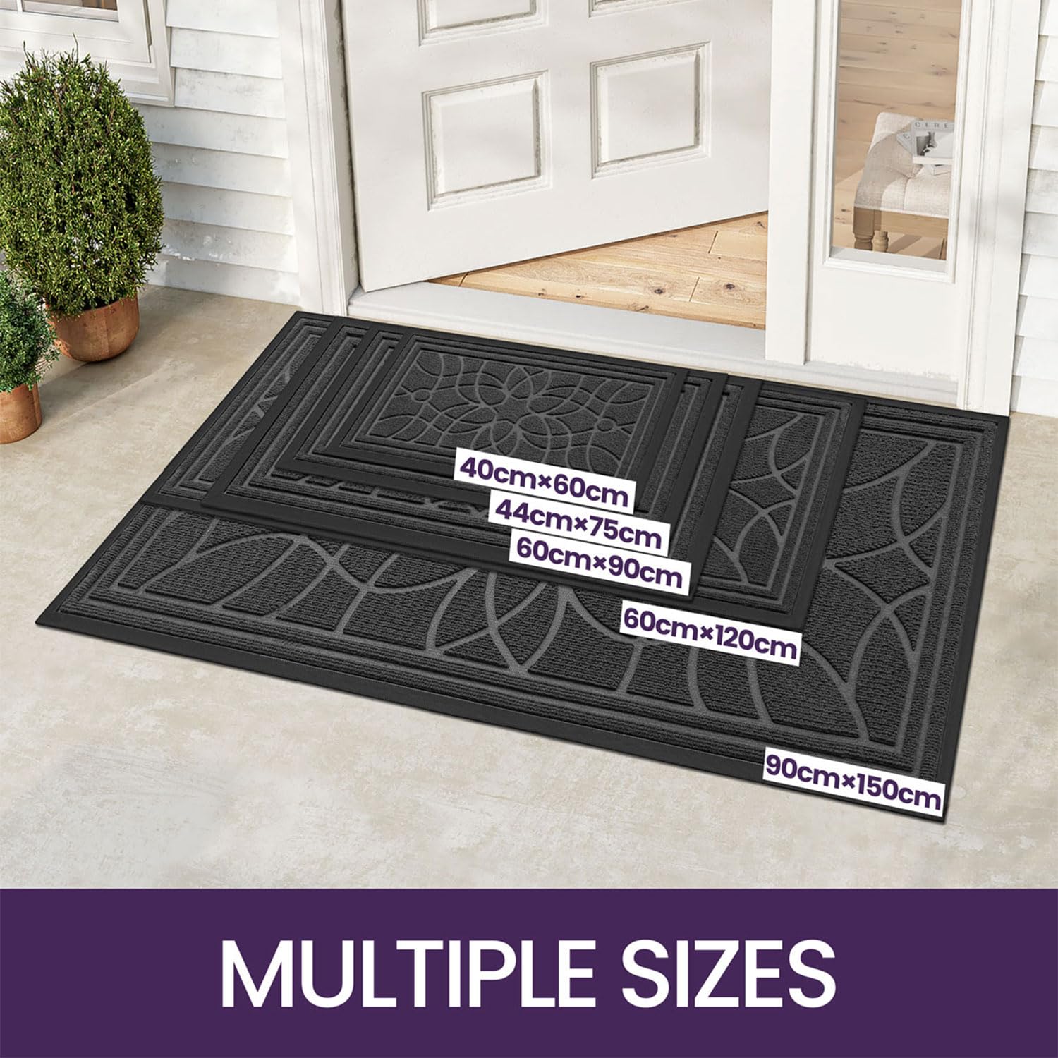 DEXI Door Mat 60 x 90 cm, Rubber Backing Dirt Trapper, Heavy Duty Non-Slip Entrance Rug, Easy Clean Shoes Scraper Doormat for Outdoor and Indoor, Grey
