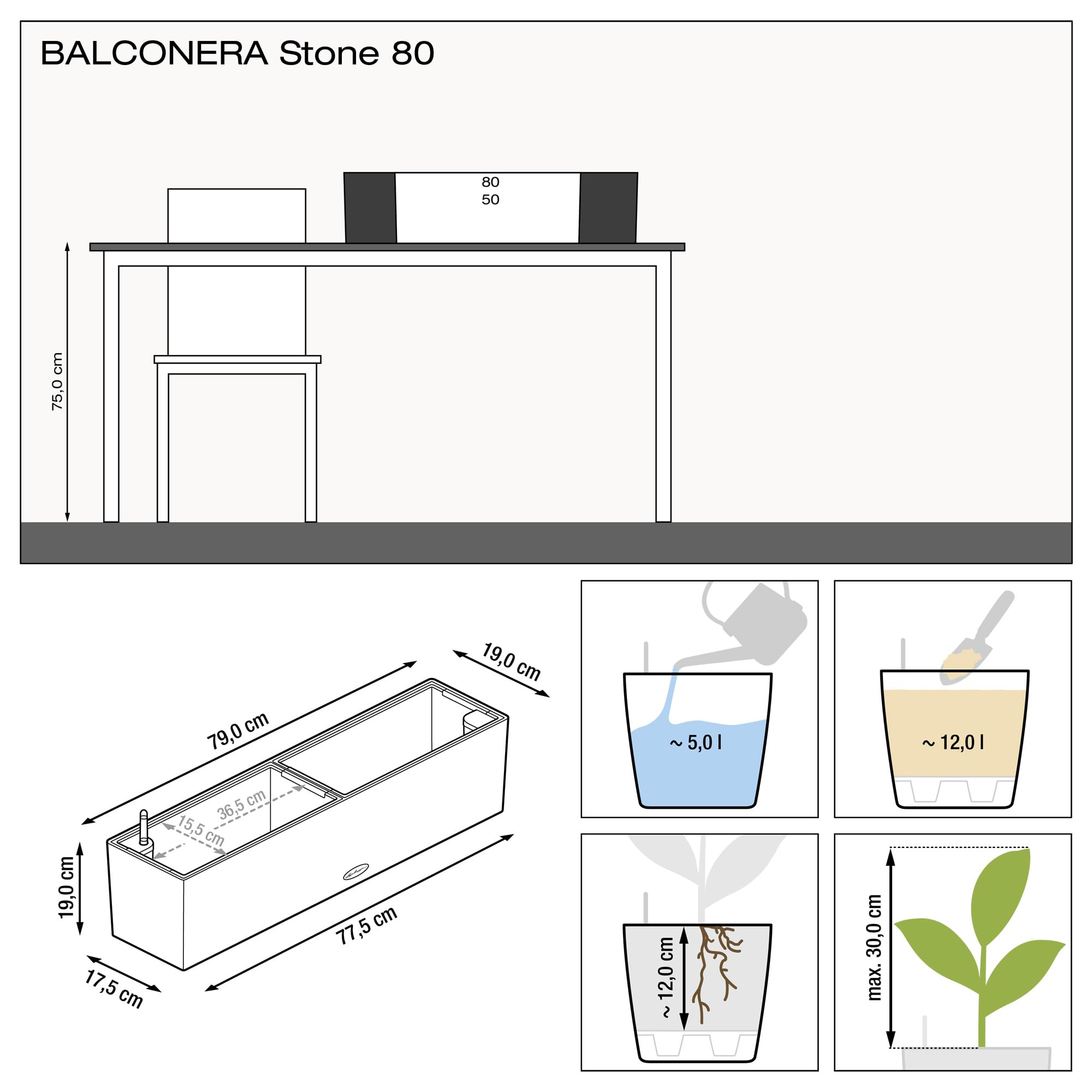 Lechuza BALCONERA Stone 80 Self Watering Planter Plastic Indoor/Outdoor Flower Plant Pot Table and Window Box with Drainage Hole H19 L79 W19 cm Stone