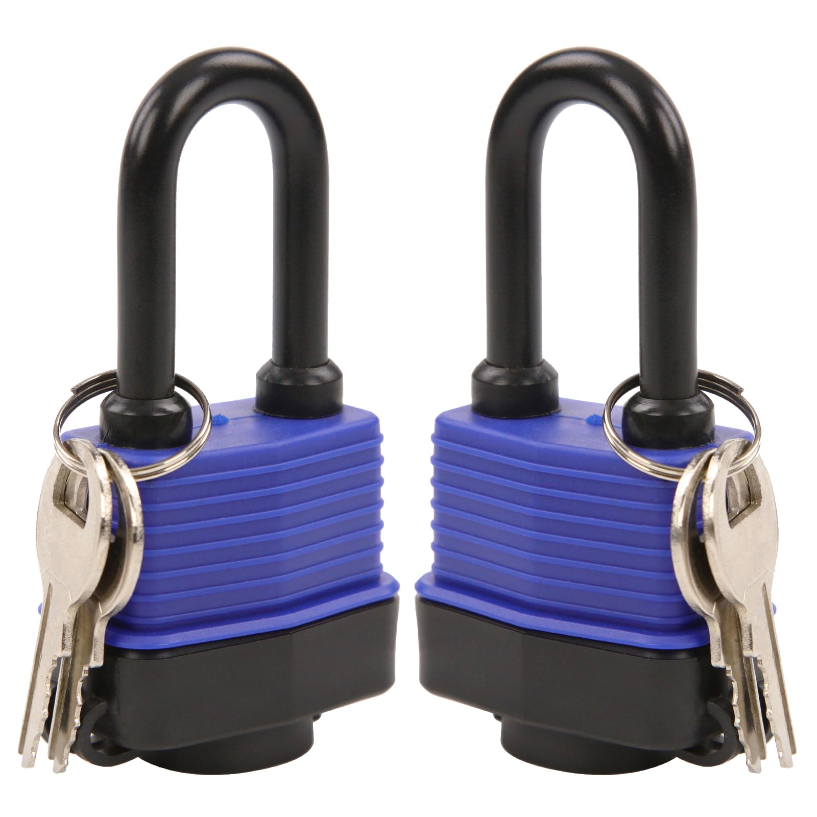 SEPOX? 44MM Weatherproof Outdoor Padlock Keyed Alike, Heavy Duty Steel Lock Body with Blue Cover Water Risistant, Long Shakle 2pcs Locks with 4 Keys