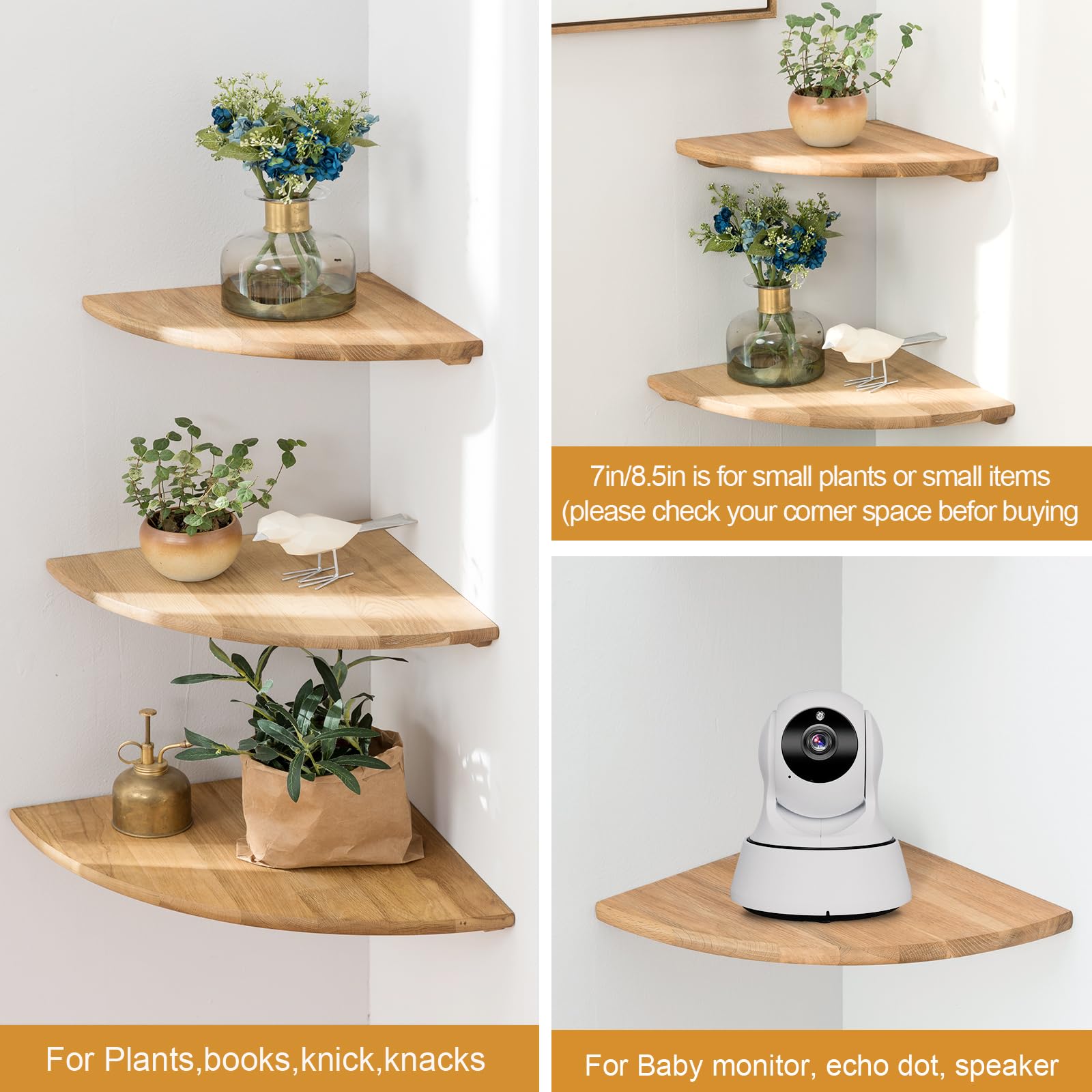 GIEANOO Corner Shelves, Solid Oak Wood Set of 2 12inch Floating Corner Shelves Wall Mount Round End Floating Speaker Shelf With Wire Hole Shelf for