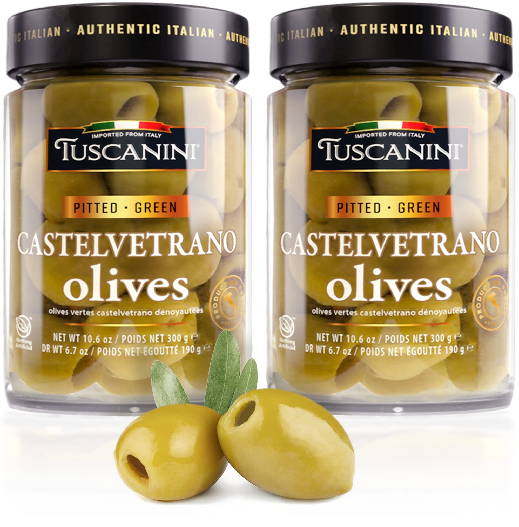 Tuscanini Premium Italian Castelvetrano Green Pitted Olives 300g (Pack of 2) | Mild & Smooth Flavour | Imported from Italy