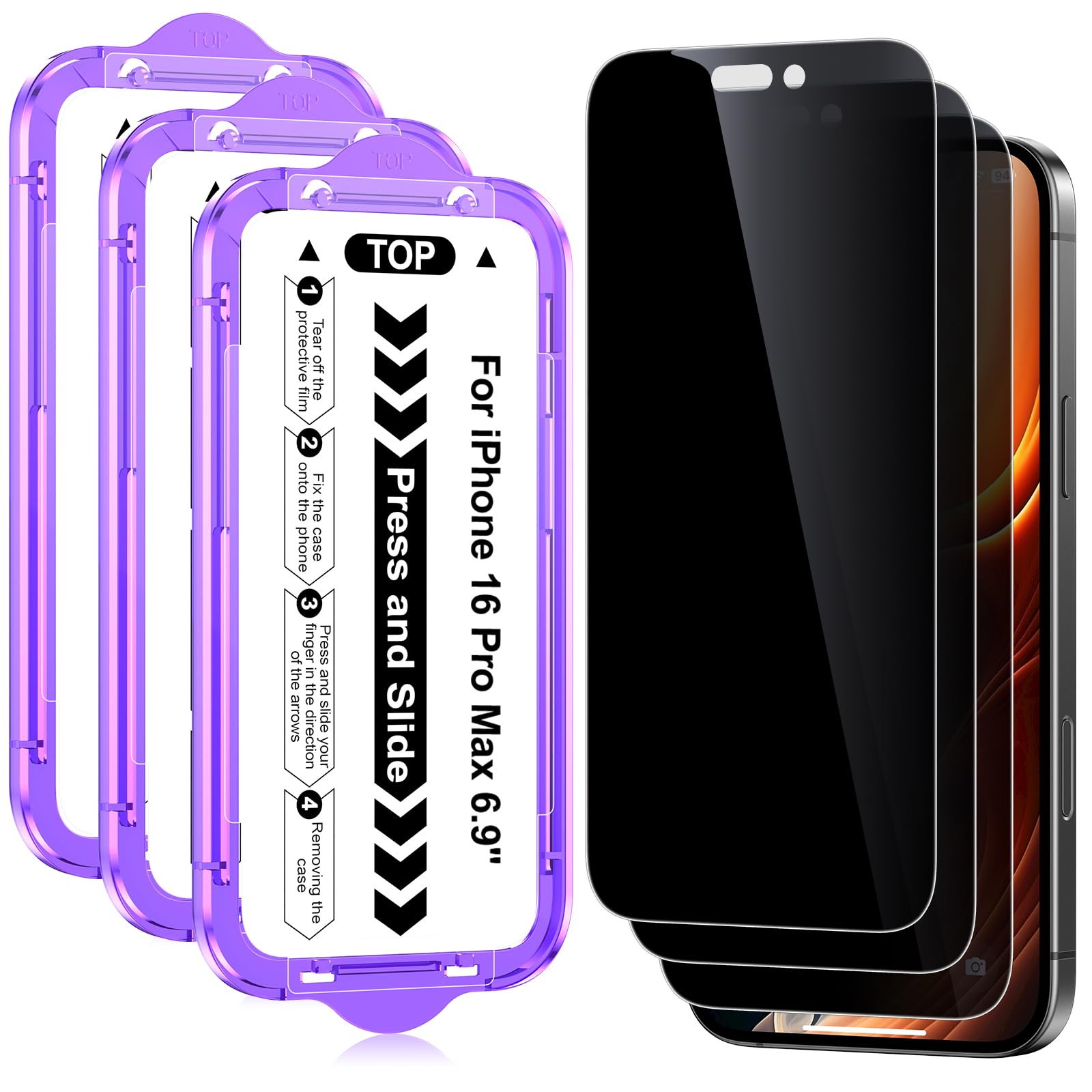 Ksleri 3 Pack for iPhone 16 Pro Max Privacy Screen Protector, Anti-Spy Tempered Glass Film with Auto-Aligning Easy Installation Kit, Anti-Scratch, 9H