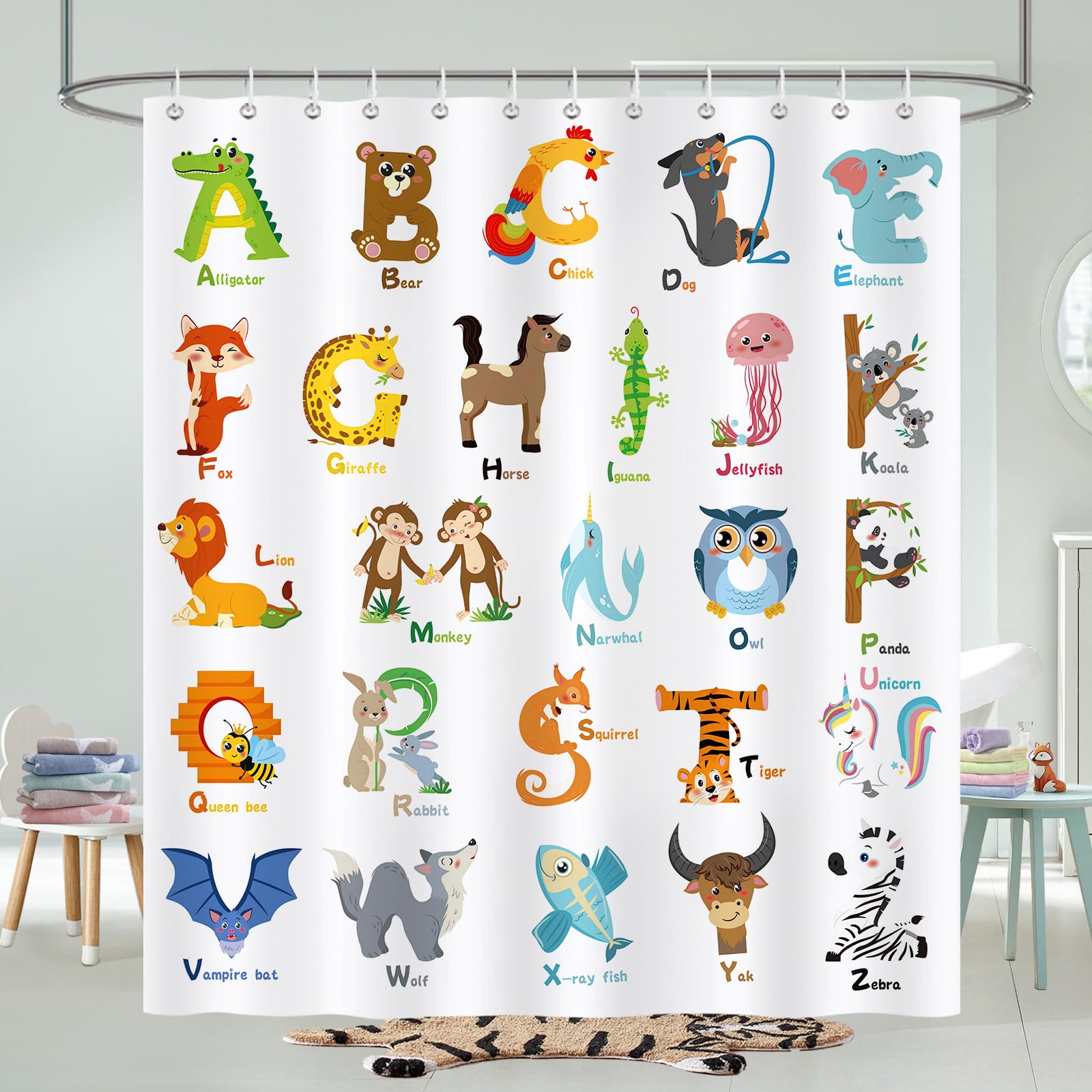 COZZSNUGE Kids ABC Shower Curtain, Colorful Cartoon Animal Alphabet Educational Bathroom Curtain 183 x 183 cm, Water Repellent Mildew Resistant