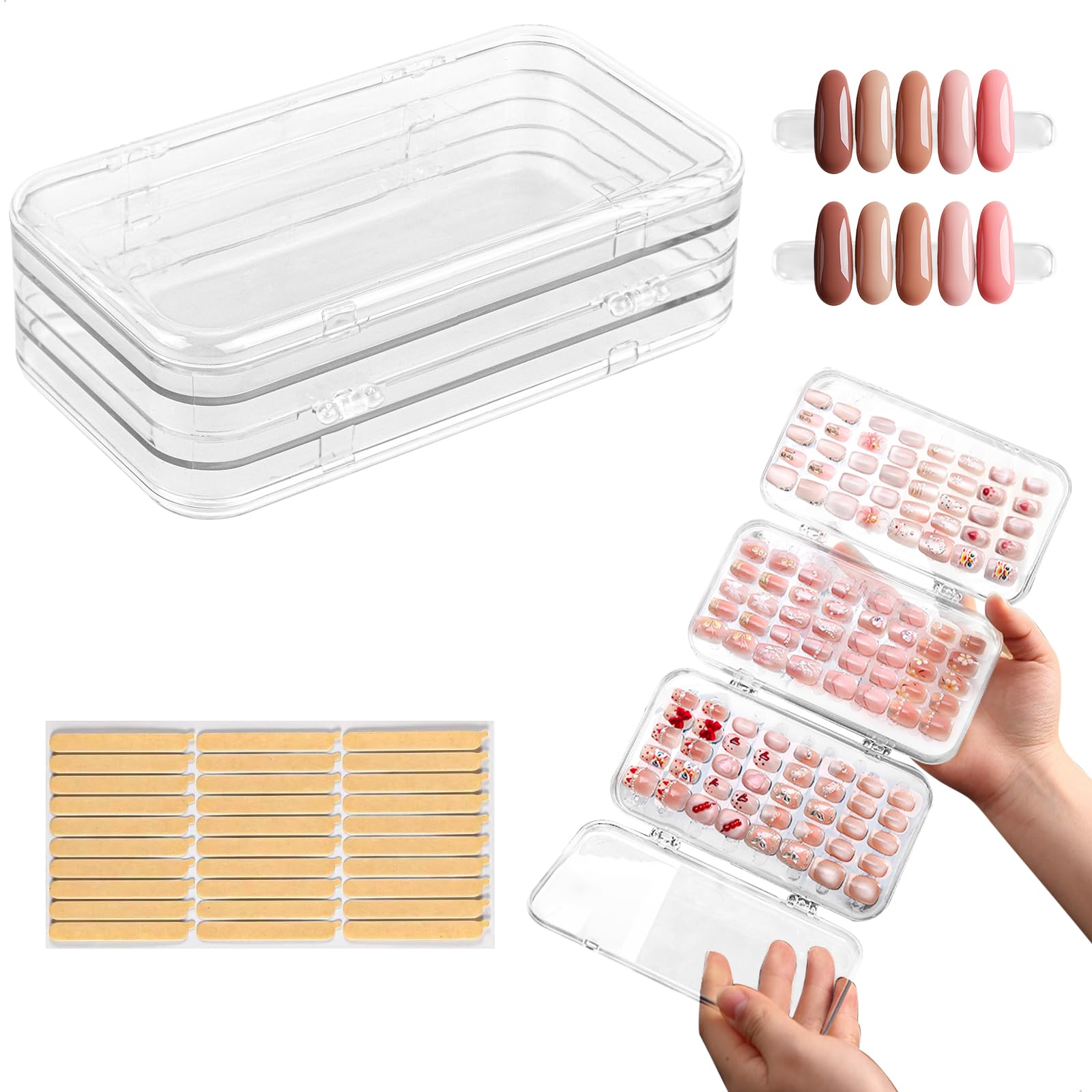 fuxunamz Nail Art Storage Box, Nail Accessories Transparent Display Storage Box, 3 Tier Foldable Nail Storage Box Set, for Press on Nails Storage